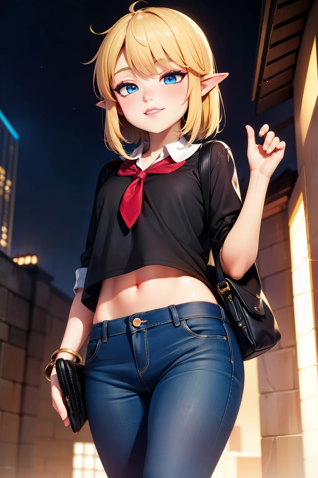 divine light,linkxl,thin,tall,blonde hair,pointy ears,blue eyes,black lips,eye shadow,blush,makeup,(confident:1.1),seductive smile,luxurious school outfit,navel,jeans,handbag,purse, standing, night, solo, outdoors, from below,