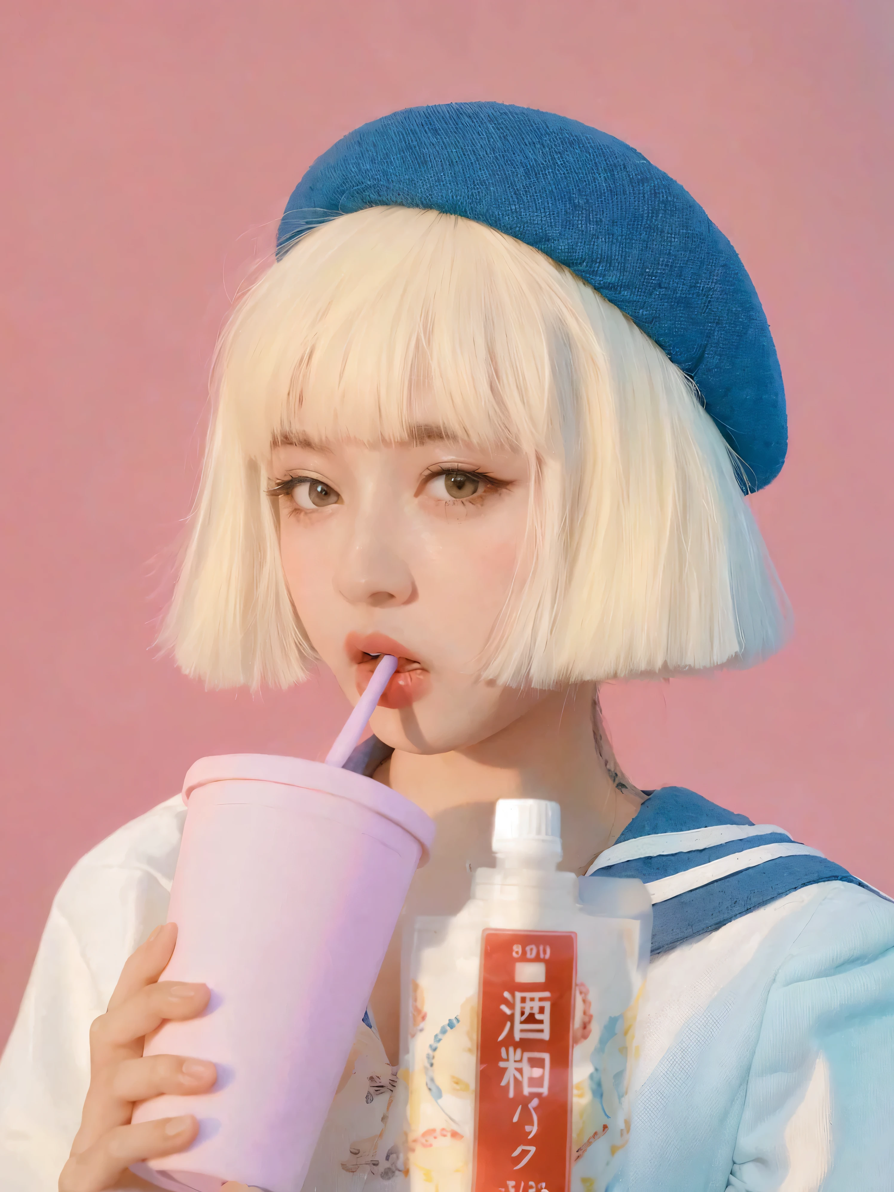 Chica rubia con boina azul bebiendo de una taza rosa, peinado de corte hime blanco, ulzzang, chica con pelo corto y blanco, white french bob hairstyle, cabello con flequillo blanco, flequillo blanco, chica con tema de refrescos, obra de arte al estilo de guweiz, retrato realista kawaii, kawaii aesthetic, con el pelo corto y blanco, lofi girl aesthetic