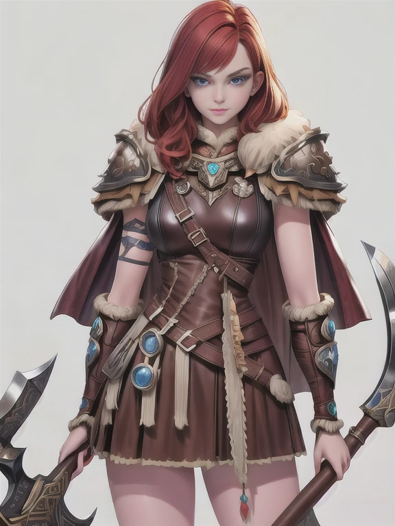 (masterpiece, best quality:1.2), Character design, ((1 girl, solo)), viking warrior, (slim body), medium chest, (skinny waist), ((long deep redhead)). blue eyes. (((leather armor, skirt))), belts, (((big pauldrons, intricate details))), (((lfur cape))), (((advanced weapon fantasy plasma axe in right hand))), (standing), plain gray background, masterpiece, HD high quality, 8K ultra high definition, ultra definition,