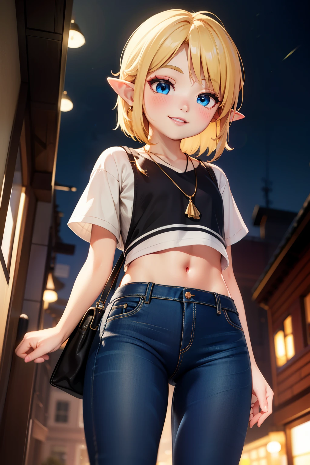 divine light,linkxl,thin,tall,blonde hair,pointy ears,blue eyes,black lips,eye shadow,blush,makeup,(confident:1.1),smile,luxurious necklaces,school outfit,navel,jeans,handbag,purse, standing, night, solo, outdoors, from below,