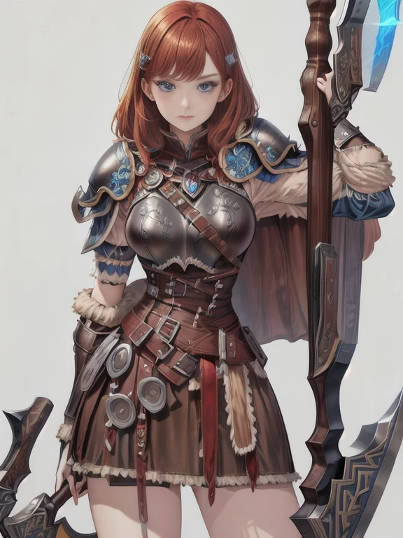 (masterpiece, best quality:1.2), Character design, ((1 girl, solo)), viking warrior, (slim body), medium chest, (skinny waist), ((long deep redhead)). blue eyes. (((leather armor, skirt))), belts, (((big pauldrons, intricate details))), (((lfur cape))), (((advanced weapon fantasy plasma axe in right hand))), (standing), plain gray background, masterpiece, HD high quality, 8K ultra high definition, ultra definition,