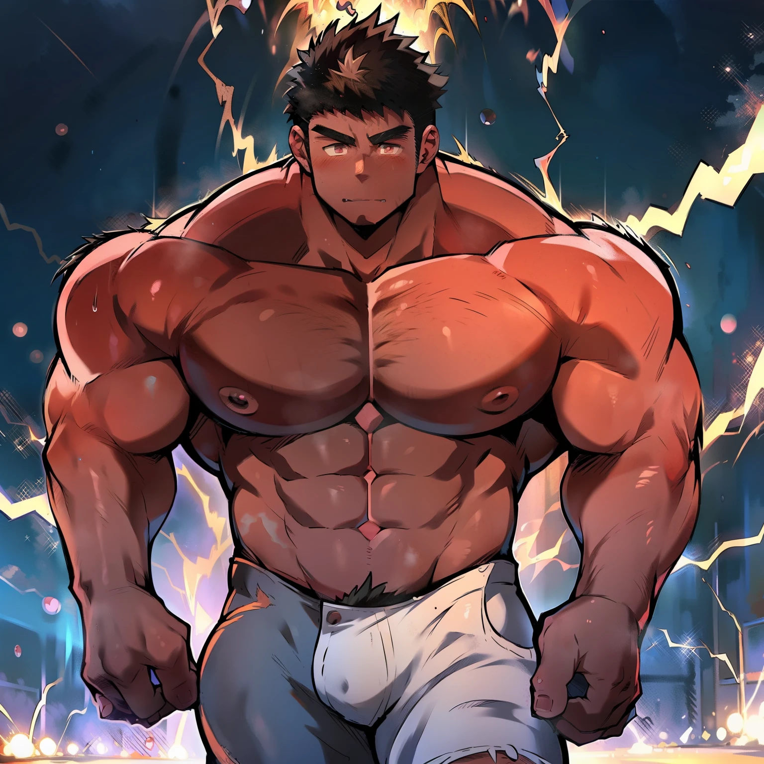 (((Anime style art)), Extremely muscular masculine character, dark skin, shirtless, barefoot, electricity, torture.