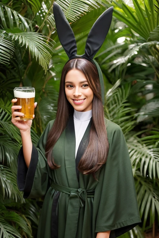 Melhor qualidade, 8k, mulher,black skin, lindo,big eyelashes, looking to observer, little smile, rabbit ears tiara, NUN'S ROBES IN CAMOUFLAGE MILITARY GREEN, holding a beer can, florish forest scenario