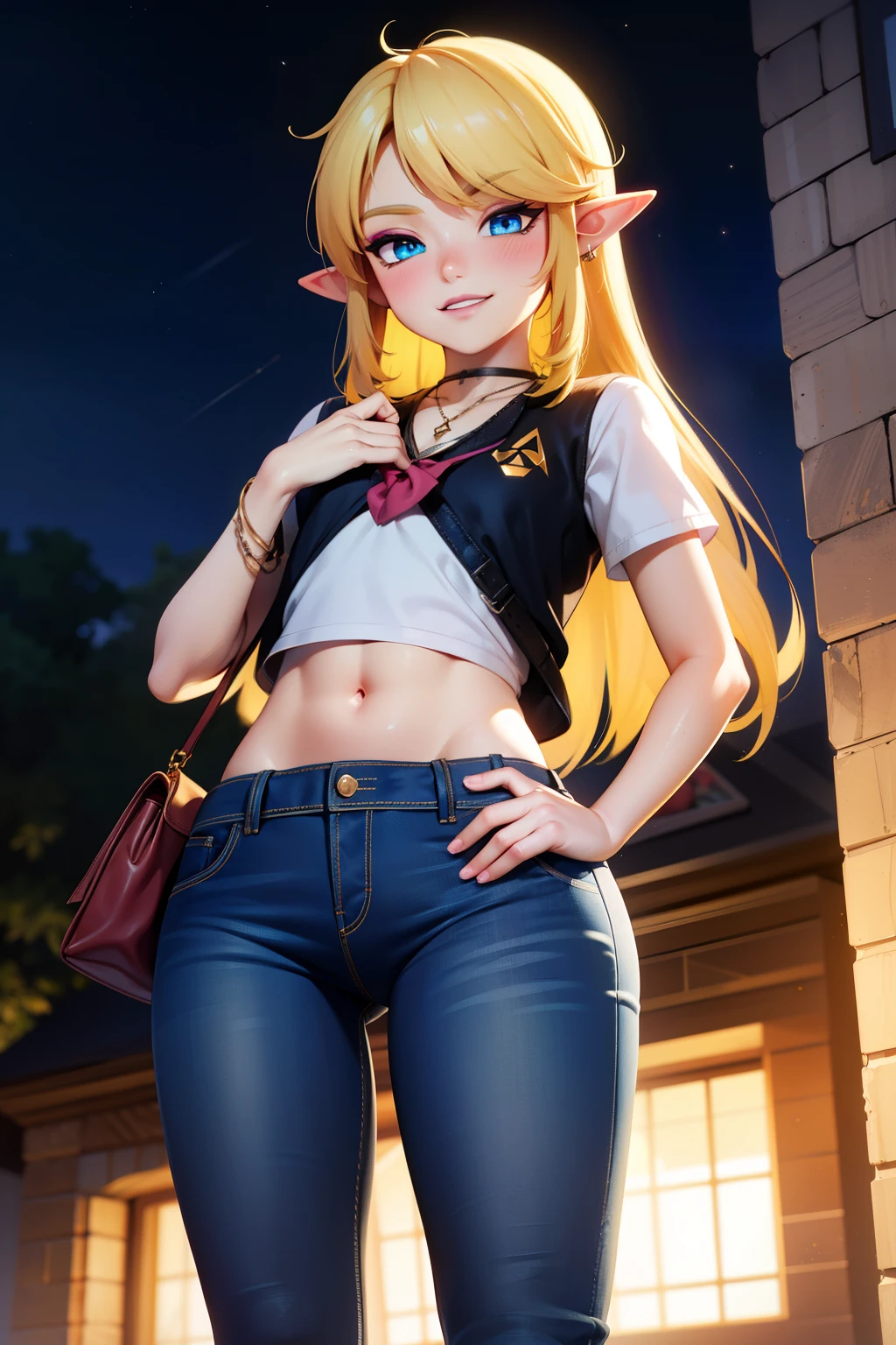 divine light,linkxl,thin,tall,blonde hair,pointy ears,blue eyes,black lips,eye shadow,blush,makeup,(confident and mean:1.1),smile,chest binder,luxurious necklaces,school outfit,navel,jeans,triforce purse handbag, standing, night, solo, outdoors, from below,