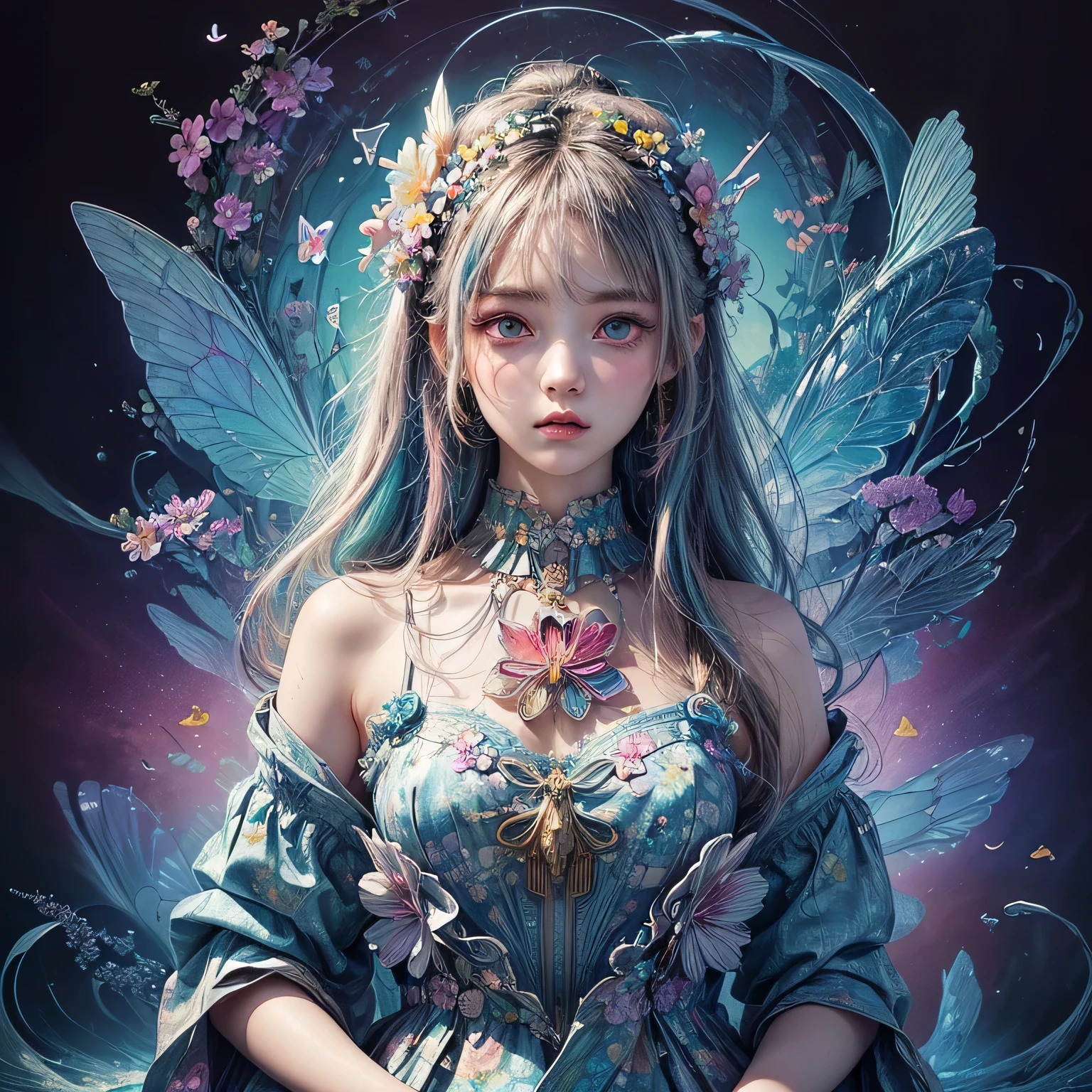 (masterpiece:1.1), (highest quality:1.1), (HDR:1.0), ambient light, ultra-high quality,( ultra detailed original illustration), (1girl, upper body), ((harajuku fashion)), ((flowers with human eyes, flower eyes)), double exposure, fusion of fluid abstract art, glitch, (original illustration composition), (fusion of limited color, maximalism artstyle, geometric artstyle, butterflies, junk art)
