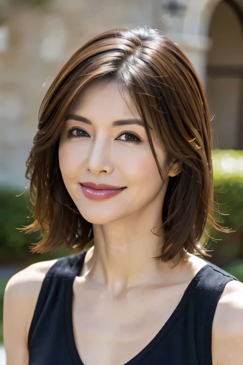 (38 years old), (black sleeveless shirt:1.2),(white wool pants)、 double eyelid, eyelash, Red lip gloss, (smile:1), ((close your eyes:0.85)), (looking at the viewer、Are standing), (From above:0.2)、pointed red mouth、(reddish brown wet shiny short hair),red mouth,clavicle、 (Photoreal:1.3),(Raw photo),(woman standing in front of an old castle, Beautiful lawn, Squirting, Bright sunlight in the city of Modena, Italy) , 8K, Super detailed, highest quality, rough skin, anatomically correct, masterpiece , highest quality, cinematic lighting, Use perspective throughout , surrealism , ,(realistic:1. 3),(Raw photo) , black hair, light smile, short hair, bob cut, anaglyph, stereogram, (mature woman:1), (38 years old), ((close:0.5)), glare, double eyelids, lip gloss, (smile:1), ((close your eyes:0.85)), red mouth, clavicle, ((looking at the viewer)), (short hair of reddish-brown color wet and shiny,), (I can see the whole body) , Slightly thick body type , I opened my eyes wide. , perfectly round eyes , fine texture