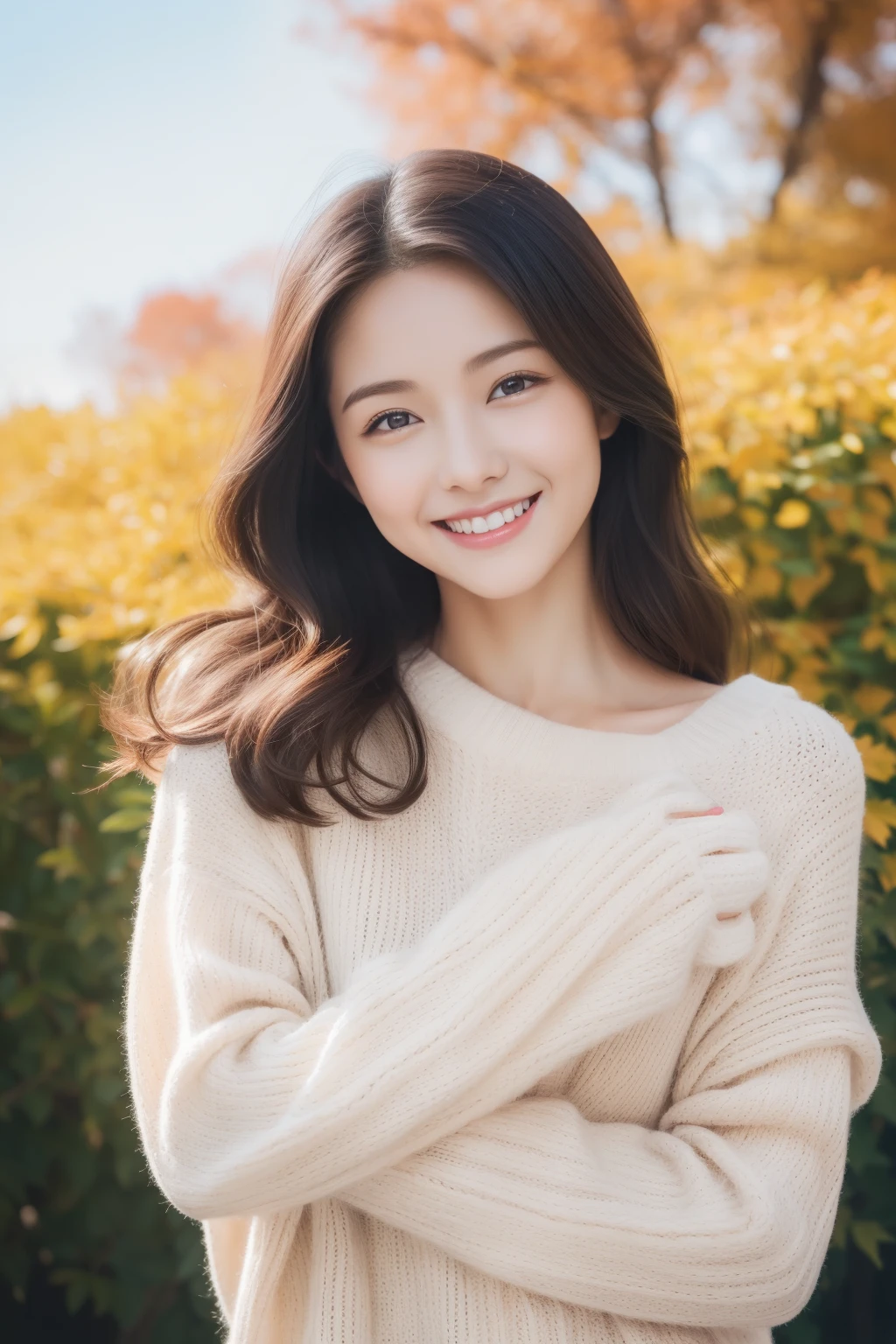 nice smile seeing this、One pretty woman、Bold poses、a smile、17 year old girl、Cute、The upper part of the body、
Under the Autumn Sky、Colorful color sweateredium hair、、Natural Color Lip、fair white skin、(masterpiece、16k image、high-level image quality、top-quality)、(Beautiful Realistic Asians),solo、1girl in、(perfect anatomia,Beautiful limbs、Healthy body、Beautiful skin)、Sunnyday、A dark-haired、、Black eye、、small tit:1.5、、(Thermal gaze)、artistic.、Beautuful Women、Beauty Body、ssmile、Professional、