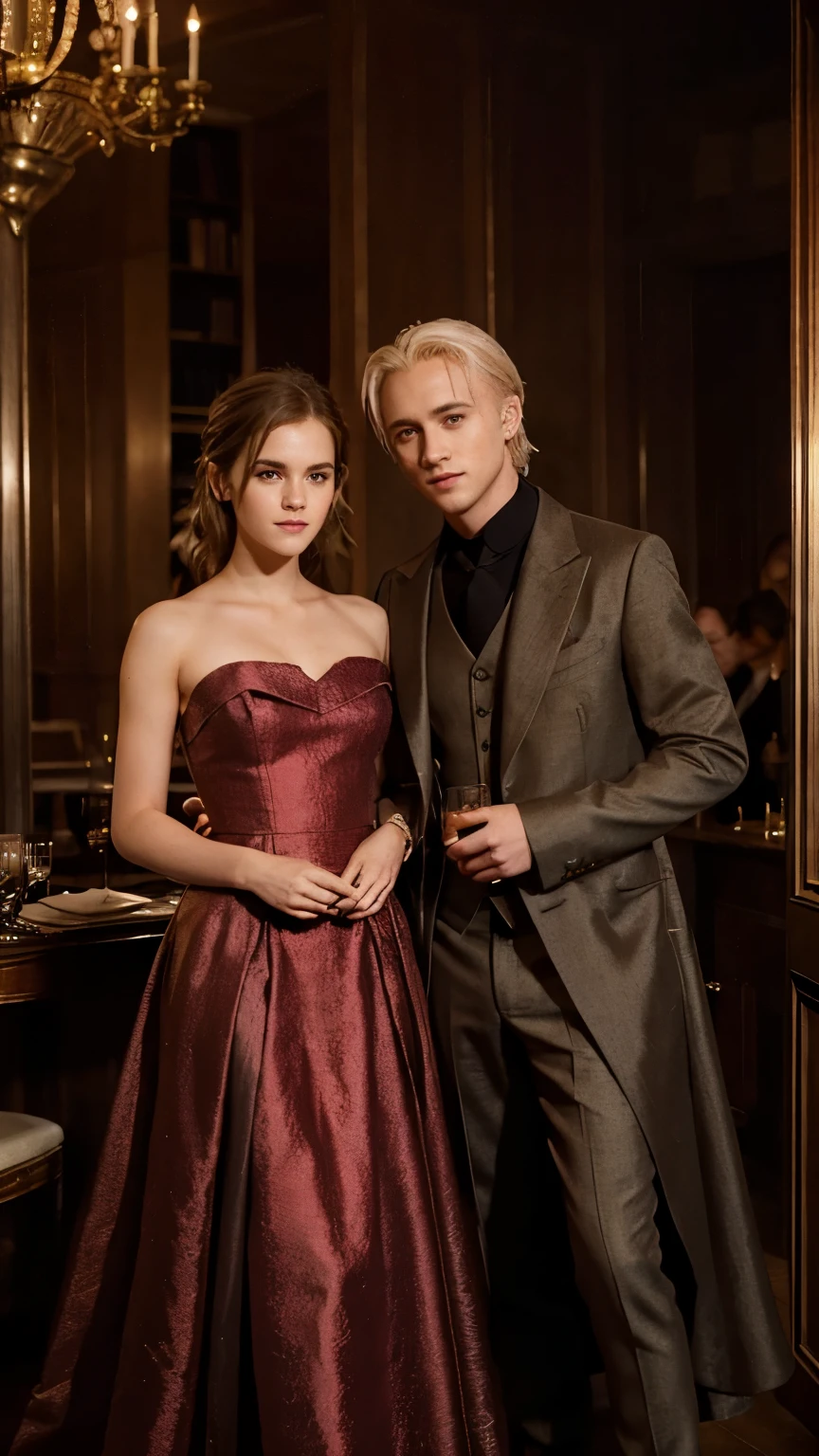 "Draco Malfoy and Hermione Granger are elegantly positioned in a luxurious private box at a high-end fashion show. Draco, tall and commanding, wears his platinum blond hair impeccably styled and the iconic Slytherin robes, portrayed famously by Tom Felton. Hermione, in a stunning red outfit, exudes elegance and charm with her brown hair cascading softly over her shoulders, famously portrayed by Emma Watson. As they observe the fashion show, a subtle camaraderie is evident between them, despite their past differences, amidst the glamorous atmosphere of the event."