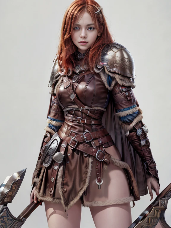 (masterpiece, best quality:1.2), Character design, ((1 girl, solo)), viking warrior, (slim body), medium chest, (skinny waist), ((long deep redhead)). blue eyes. (((leather armor, skirt right))), belts, (((big pauldrons, intricate details))), (((lfur cape))), (((advanced weapon fantasy plasma axe in right hand))), (standing), plain gray background, masterpiece, HD high quality, 8K ultra high definition, ultra definition,