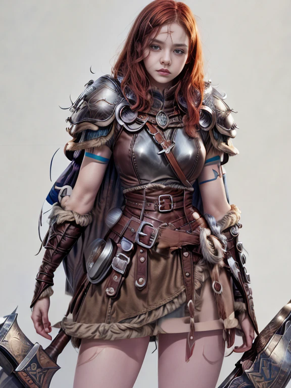 (masterpiece, best quality:1.2), Character design, ((1 girl, solo)), viking warrior, (slim body), medium chest, (skinny waist), ((long deep redhead)). blue eyes. (((leather armor, skirt right))), belts, (((big pauldrons, intricate details))), (((lfur cape))), (((advanced weapon fantasy plasma axe in right hand))), (standing), plain gray background, masterpiece, HD high quality, 8K ultra high definition, ultra definition,