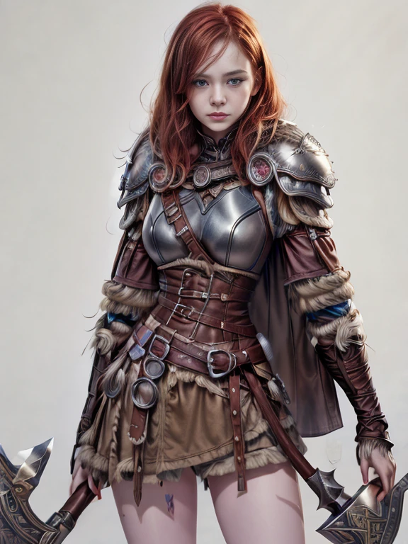 (masterpiece, best quality:1.2), Character design, ((1 girl, solo)), viking warrior, (slim body), medium chest, (skinny waist), ((long deep redhead)). blue eyes. (((leather armor, skirt right))), belts, (((big pauldrons, intricate details))), (((lfur cape))), (((advanced weapon fantasy plasma axe in right hand))), (standing), plain gray background, masterpiece, HD high quality, 8K ultra high definition, ultra definition,