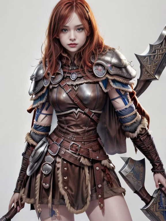 (masterpiece, best quality:1.2), Character design, ((1 girl, solo)), viking warrior, (slim body), medium chest, (skinny waist), ((long deep redhead)). blue eyes. (((leather armor, skirt right))), belts, (((big pauldrons, intricate details))), (((lfur cape))), (((advanced weapon fantasy plasma axe in right hand))), (standing), plain gray background, masterpiece, HD high quality, 8K ultra high definition, ultra definition,