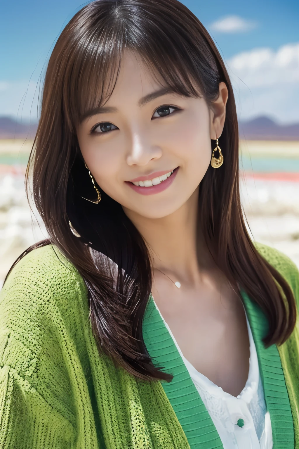 1 girl, (Wearing a bright green cardigan:1.2), very beautiful japanese actress,
(Raw photo, highest quality), (realistic, Photoreal:1.4), table top, 
very delicate and beautiful, very detailed, 2k wallpaper, wonderful, 
finely, very detailed CG Unity 8K 壁紙, Super detailed, High resolution, soft light, 
beautiful detailed girl, very detailed目と顔, beautifully detailed nose, finely beautiful eyes, cinematic lighting, 
(Commemorative photo at Salar de Uyuni:1.4), 
complete anatomy, slender body, small, smile,
pan focus