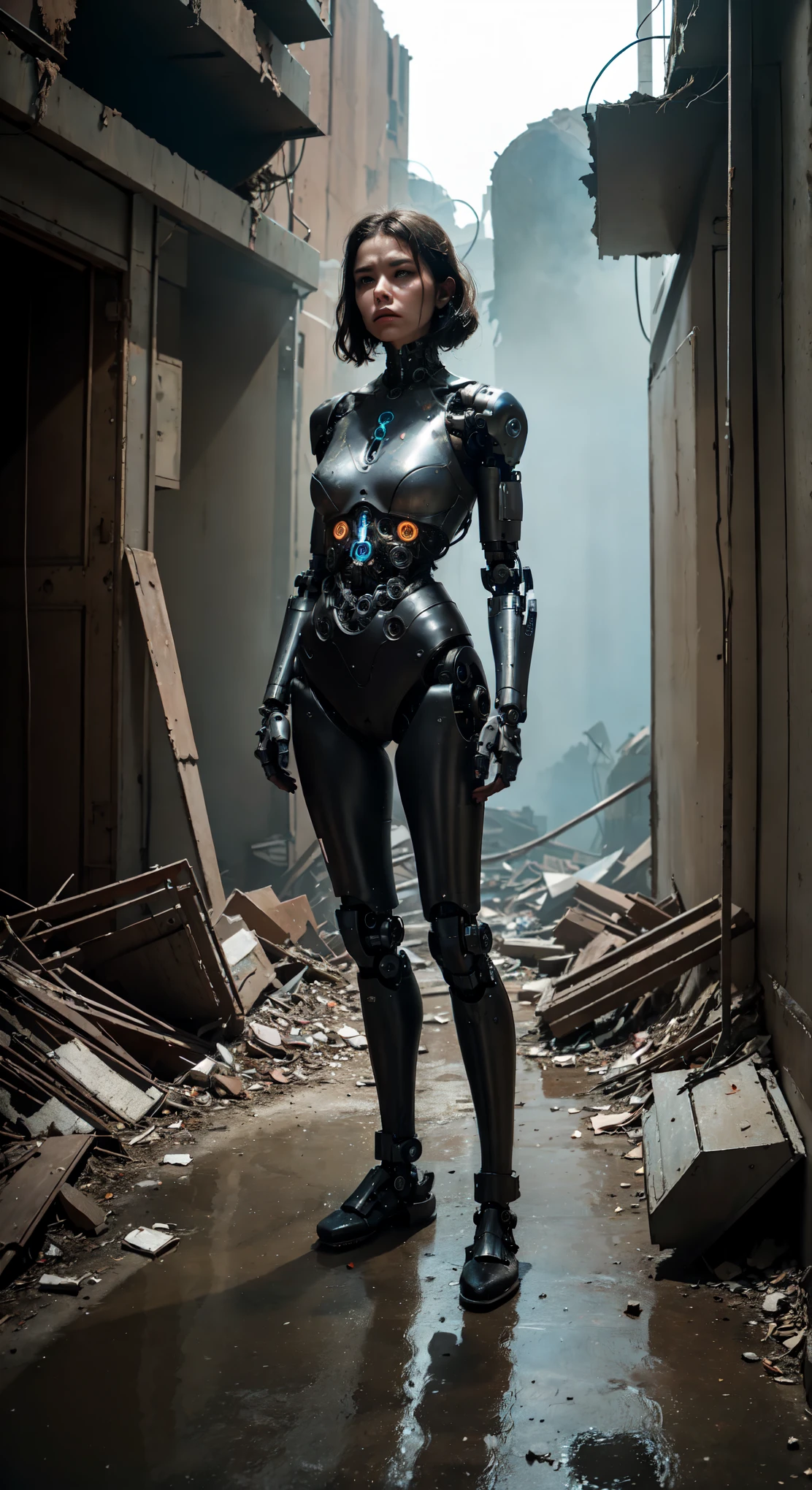 The cyborg woman stands motionless in the center of the abandoned bunker, her mechanical body seemingly fused with her surroundings. Steel plates, tubes, and wires woven into her flesh reflect the dim light coming through the darkened windows.

Her face, devoid of any expression, resembles a mask, but her eyes emit a cold, calculating stare. She is fully integrated with the technology around her, as if she were an integral part of it.

The ruined furniture, piles of debris, and dust filling the musty air of the bunker attest to its long abandoned state. The cyborg woman, however, seems completely unfazed, as if she is the sole owner of this sullen, forlorn place.

Her mysterious appearance and unmoving posture give rise to a sense of some mystery behind this mechanical creature. Perhaps she is waiting, watching, studying, or just deep in thought, pondering her purpose in this dilapidated, homeless world.