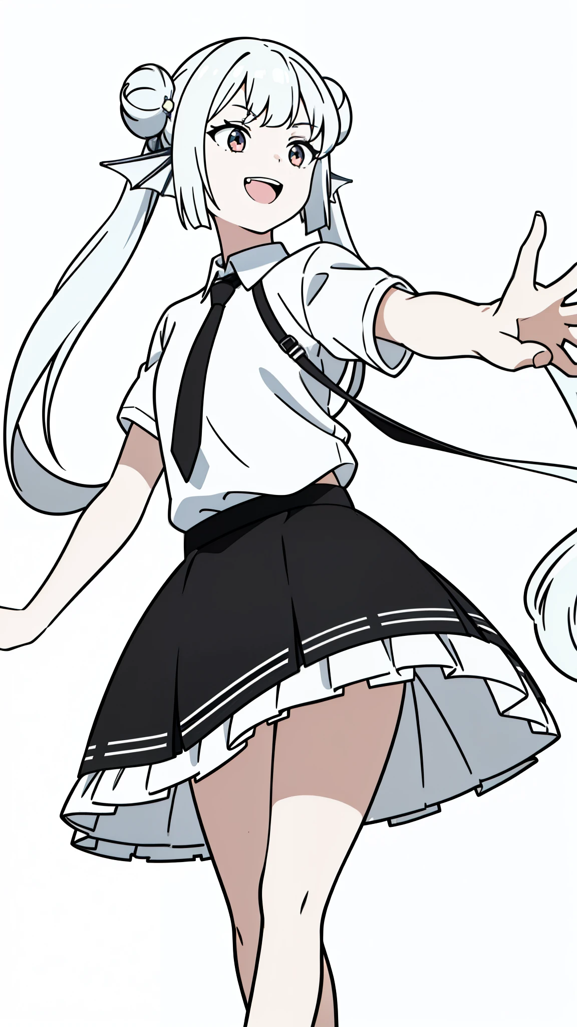 1girl,20 years old,solo,(white background,line drawing),long hair,white hair,finana,twintails,((white shirt,short sleeves,black standart tie,black skirt)),open mouth,outstretched hand,smile,double bun,(from front)