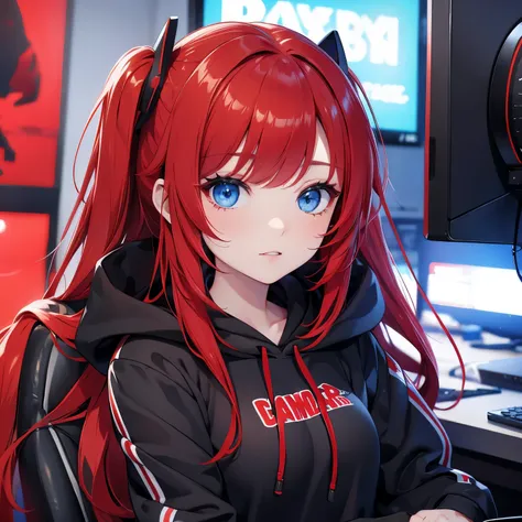 red hair, blue eyes, gamer girl, black hoddie