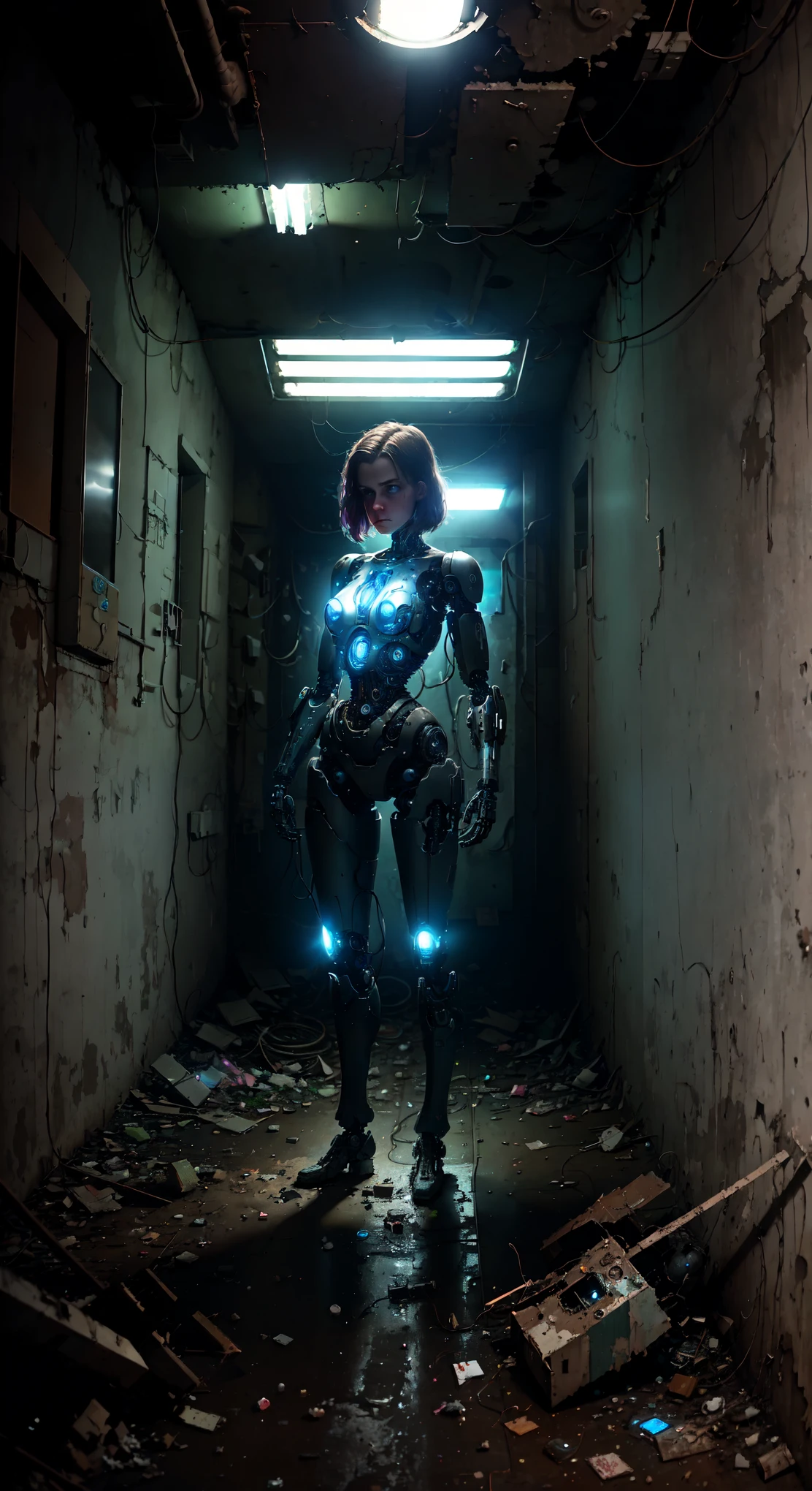 Here is an anthropomorphic female cyborg, located in an abandoned bunker. Her artificial body is intertwined with metal panels, tubes and wires, giving the impression of a high-tech creature.
She stands in the center of a small room, surrounded by concrete walls and darkened corridors. Dilapidated furniture and scattered debris indicate that, that this place was abandoned many years ago. However, despite the devastation, cyborg woman stays calm and focused, as if exploring and learning about this abandoned world.
Her look, which combines human and machine, stares ahead, as if she is waiting or looking for something invisible to the ordinary observer. Her face is devoid of emotion, but in the pose one can feel inner strength and determination.
The whole image of a cyborg woman in this gloomy and abandoned bunker creates an atmosphere of mystery, loneliness and technological superiority over human nature.
