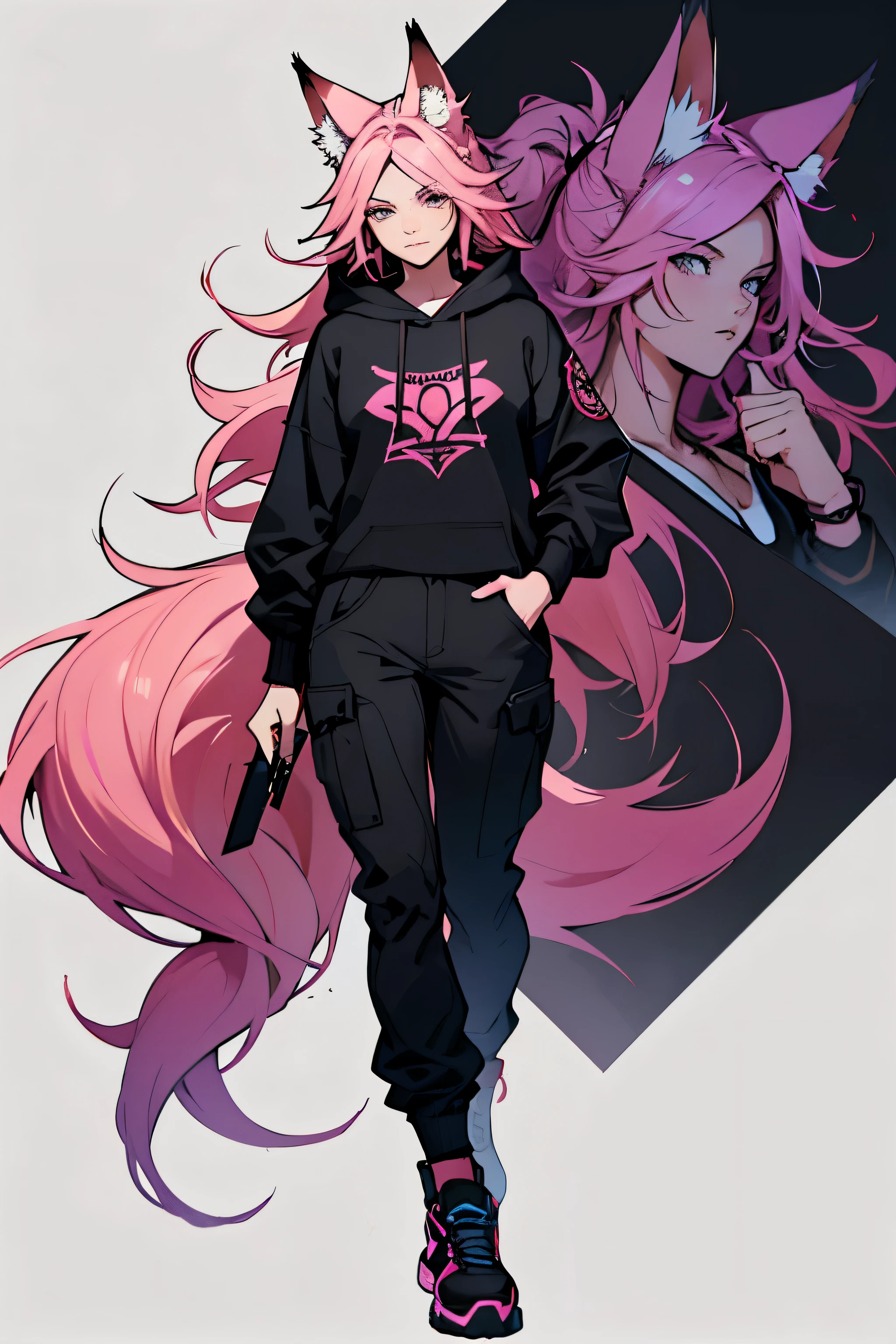 1 girl, ahri league of legends, Nine-Tailed Fox, wavy hair, pink hair, long hair and fox ears, hyper realistic hands, detailed hyper realistic eyes, teenager, hoodie, pants, black clothing, colourful hair, light background, full body, teenager, tribal tattoo, colorful parts, sketchbook, hand drawn hand, symbols, dark , bold, realistic sketch, sketch, mixing dark lines and loose lines, bold lines, on paper, turn on character sheet, human woman, grey eyes, full body, imposing pose, lots of details, stylish outfit, symbols, runes , dark theme , black shirt, beautiful, pretty, modest