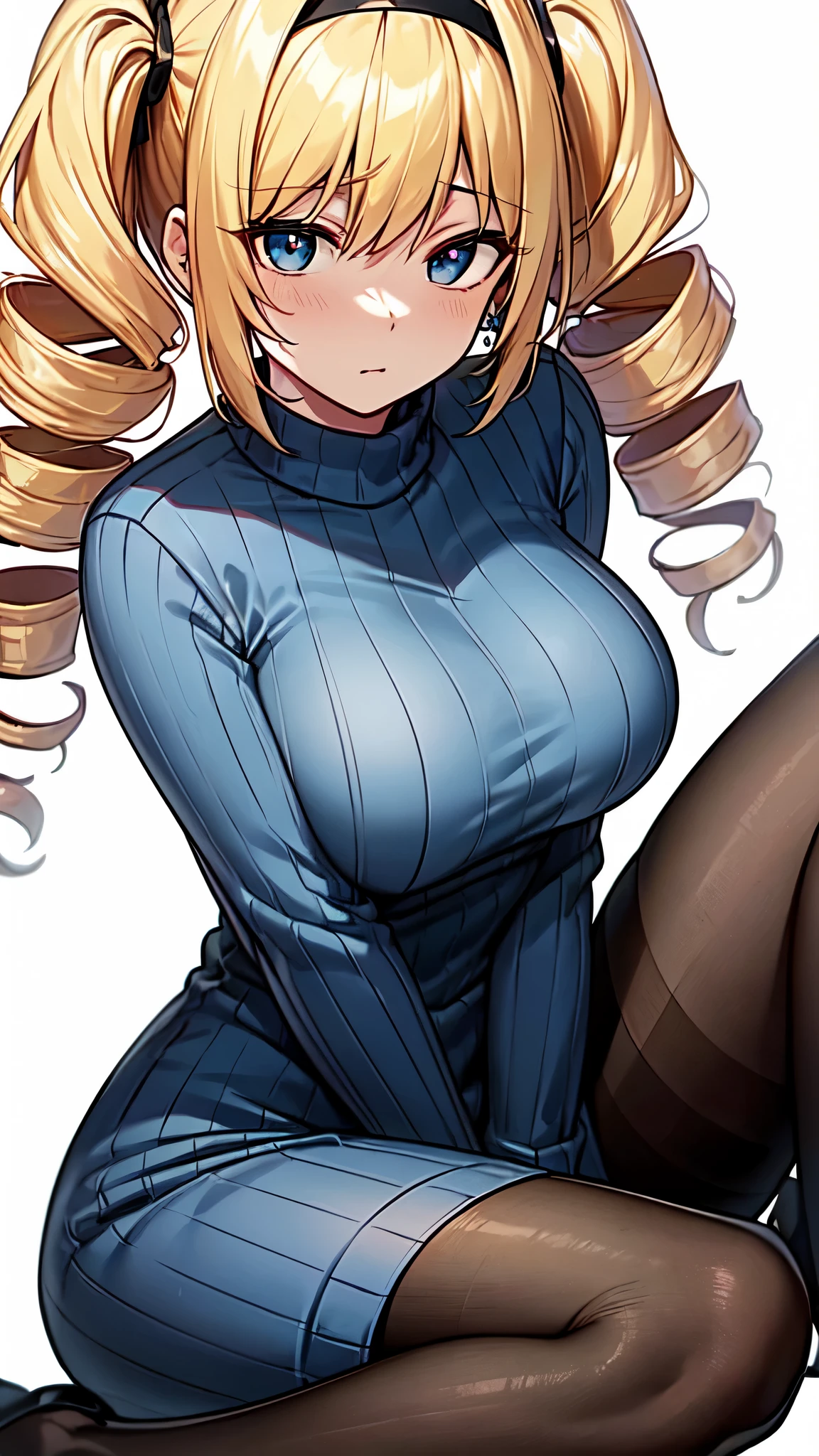 masterpiece, best quality, highres, blonde hair, long hair, curly hair, drill hair, blue hairband, sweater dress, ribbed sweater, golden corners, bracelet, jewellery, black pantyhose, adult, large breasts, white background, shy, sitting sideways 