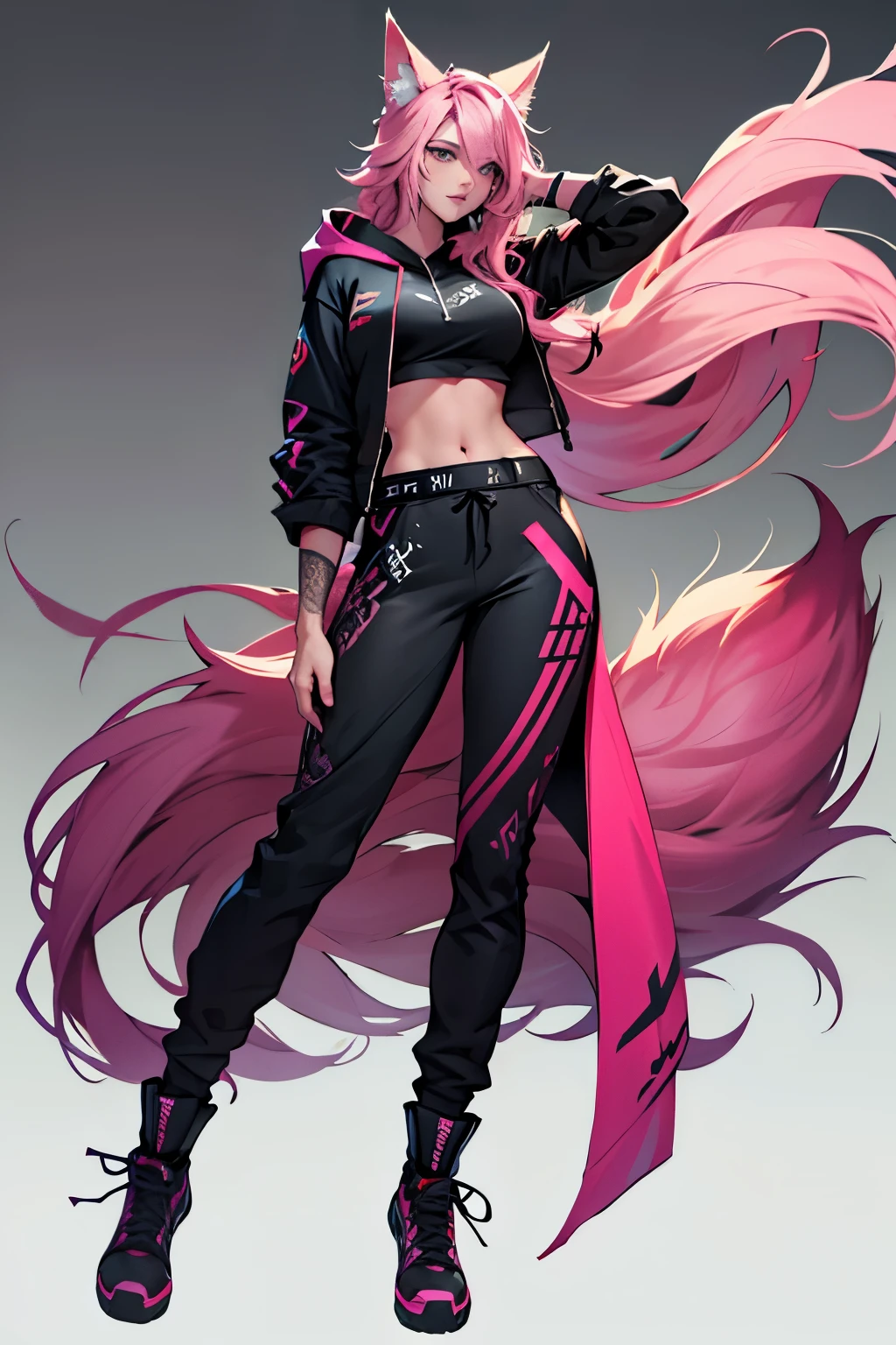 1 girl, ahri league of legends, Nine-Tailed Fox, wavy hair, pink hair, long hair and fox ears, hyper realistic hands, detailed hyper realistic eyes, ager, hoodie, pants, black clothing, colourful hair, light background, full body, teen, tribal tattoo, colorful parts, sketchbook, hand drawn hand, symbols, dark , bold, realistic sketch, sketch, mixing dark lines and loose lines, bold lines, on paper, turn on character sheet, human woman, grey eyes, full body, imposing pose, lots of details, stylish outfit, symbols, runes , dark theme , black shirt, beautiful, pretty, modest