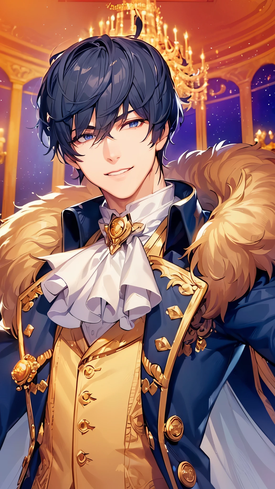 a handsome guy、serious expression、please close your mouth、dance hall with chandelier、Furry prince outfit、white gloves、smile a little、neon light background、Highly Detailed CG Unity 8K Wallpaper, (super masterpiece, beautiful person, well detailed face polluted smile, It&#39;s photorealistic, hyper realistic)cool and cool face