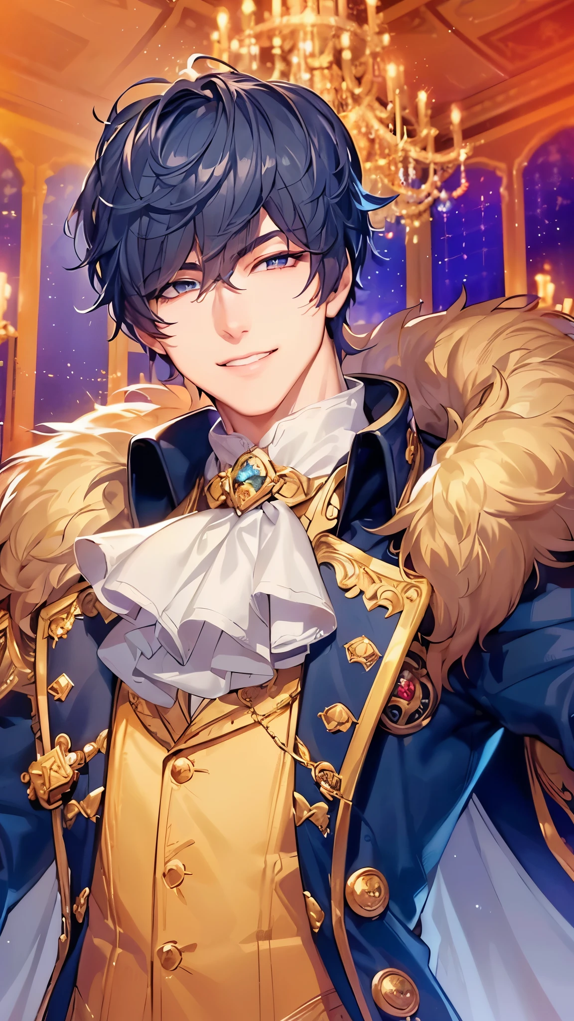 a handsome guy、serious expression、please close your mouth、dance hall with chandelier、Furry prince outfit、white gloves、smile a little、neon light background、Highly Detailed CG Unity 8K Wallpaper, (super masterpiece, beautiful person, well detailed face polluted smile, It&#39;s photorealistic, hyper realistic)cool and cool face