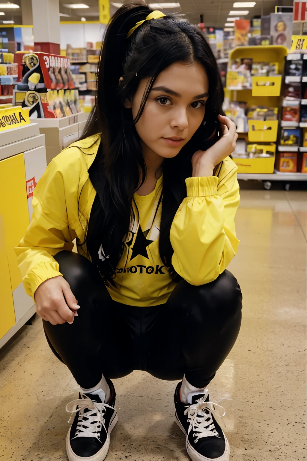 kodak film photo taken in 1993. target store. 28 year old female. long black hair, yellow wind jacket, black silk spandex leggings. converse shoes