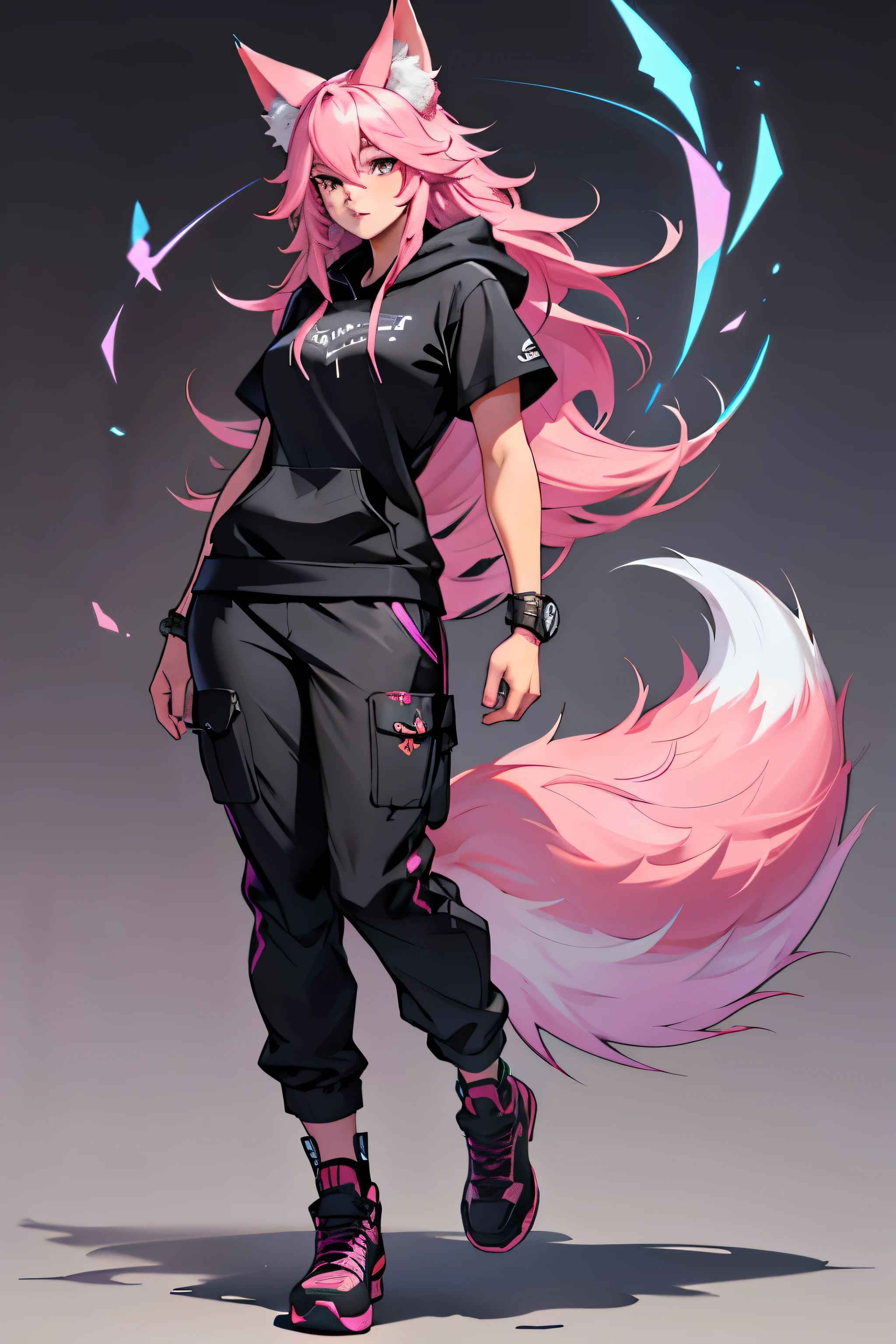 1 girl, ahri league of legends, Nine-Tailed Fox, wavy hair, pink hair, long hair and fox ears, hyper realistic hands, hyper realistic eyes, teenager, hoodie, pants, black clothing, colourful hair, light background, full body, teenager, tribal tattoo, colorful parts, sketchbook, hand drawn hand, symbols, dark , bold, realistic sketch, sketch, mixing dark lines and loose lines, bold lines, on paper, turn on character sheet, human woman, grey eyes, full body, imposing pose, lots of details, stylish outfit, symbols, runes , dark theme , black shirt, beautiful, pretty, modest