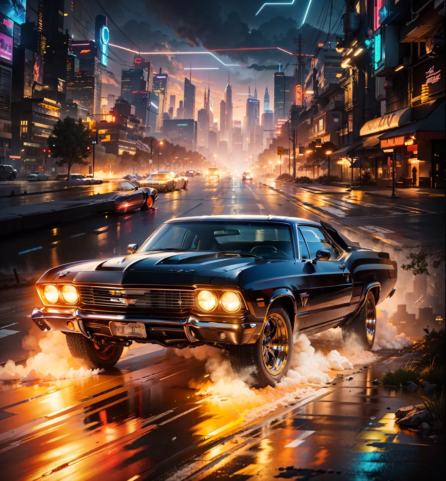 A super muscle car Chevy with burning tyres Sci fi style headlights on in the foreground, in the background is a sci fi city with sci fi buildings lighted by neon lights