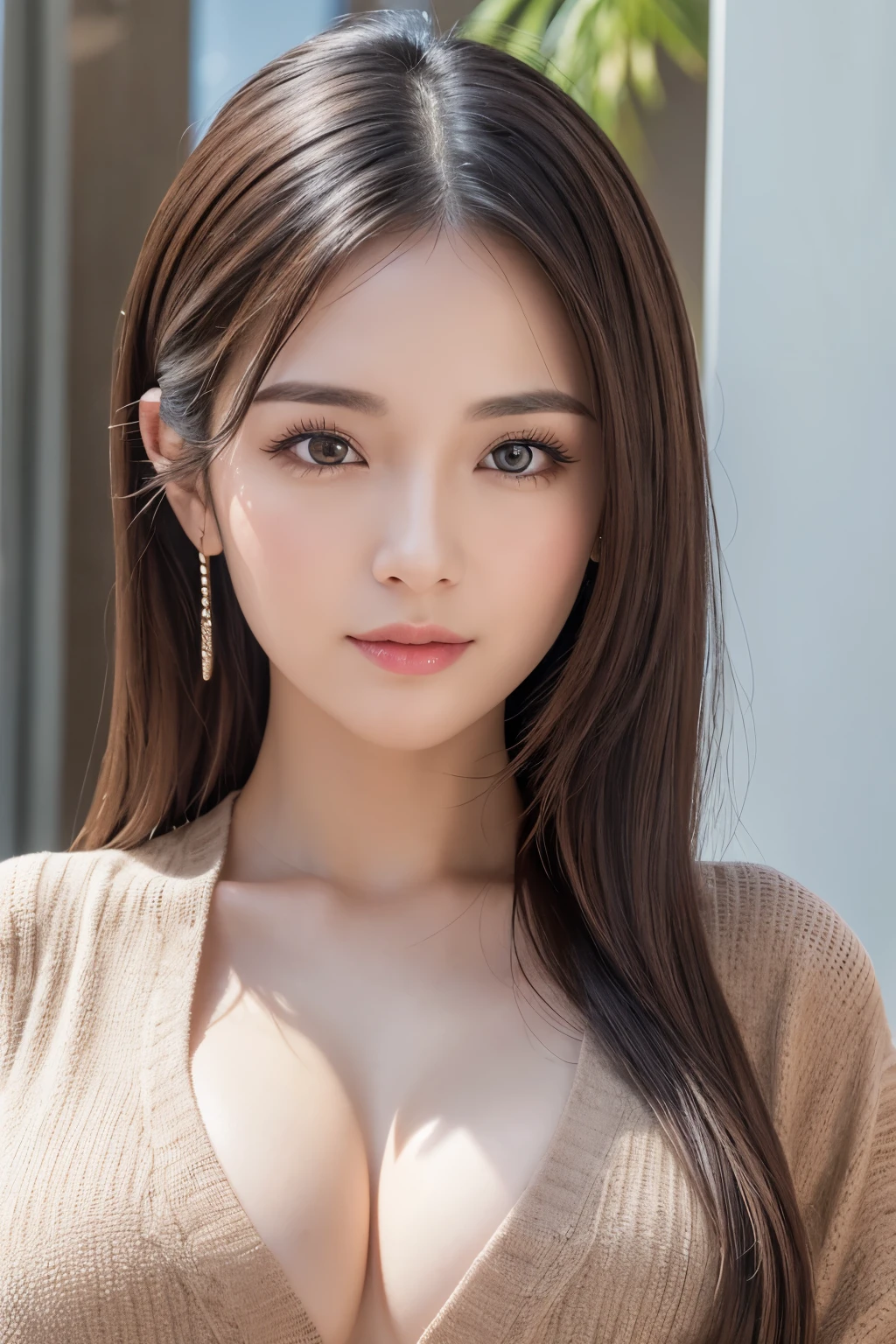 8K, ultra-detailliert, masterpiece, top-quality, Photorealsitic, Detailed face, Detailed eyes, 30-year-old woman with, 1 persons, Cute face, The lower lip is thick and plump, Facing the front, Nice Body, (Look at viewers), Gorgeous hairstyle, thin clothes, well-shaped bust