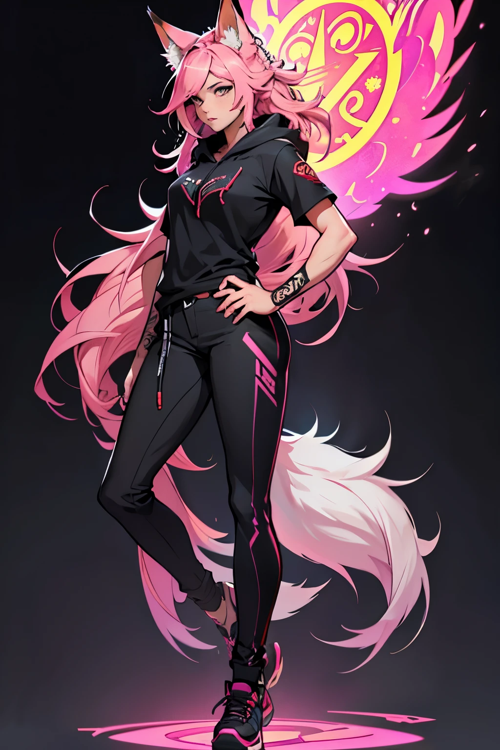 1 girl, ahri league of legends, Nine-Tailed Fox, wavy hair, pink hair, long hair and fox ears, hyper realistic hands, detailed hyper realistic eyes, teenager, hoodie, pants, black clothing, colourful hair, light background, full body, teenager, tribal tattoo, colorful parts, sketchbook, hand drawn hand, symbols, dark , bold, realistic sketch, sketch, mixing dark lines and loose lines, bold lines, on paper, turn on character sheet, human woman, grey eyes, full body, imposing pose, lots of details, stylish outfit, symbols, runes , dark theme , black shirt, beautiful, pretty, modest