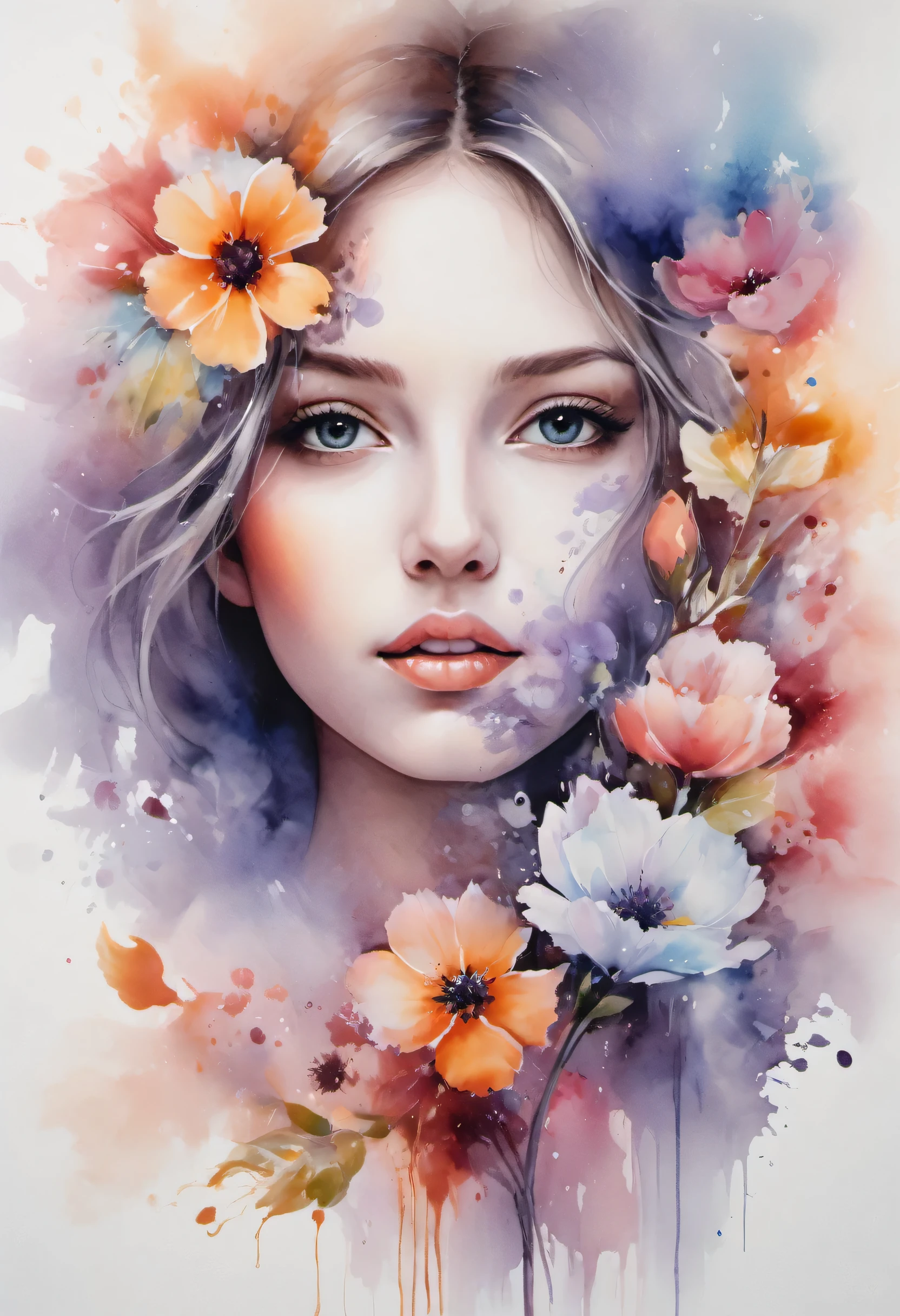 Create a memorable and artistic scene on canvas., depicting the transformation of beauty, innocent face in a mesmerizing composition of watercolor flowers, intertwined with wisps of ethereal mist.. Start with a serene face in the center of the canvas., with delicate features, radiating innocence and charm. Gradually transform facial contours and features into a captivating blend of fluid watercolor strokes., carefully shaping an array of vibrant flowers with intricate petal detail. Give your canvas a fabulous quality, as floral elements smoothly merge with wisps of fog or smoke., creating a surreal and enchanting atmosphere. Use canvas as a medium, to capture artistic transformation., portraying the Beauty of the evolving composition as the innocent face gracefully dissolves into a harmonious tapestry of watercolor blooms and mystical mist. Use canvas texture and artistic elements, to enhance the charm of this memorable metamorphosis., evoking emotions of surprise, Beauty, and artistic expression