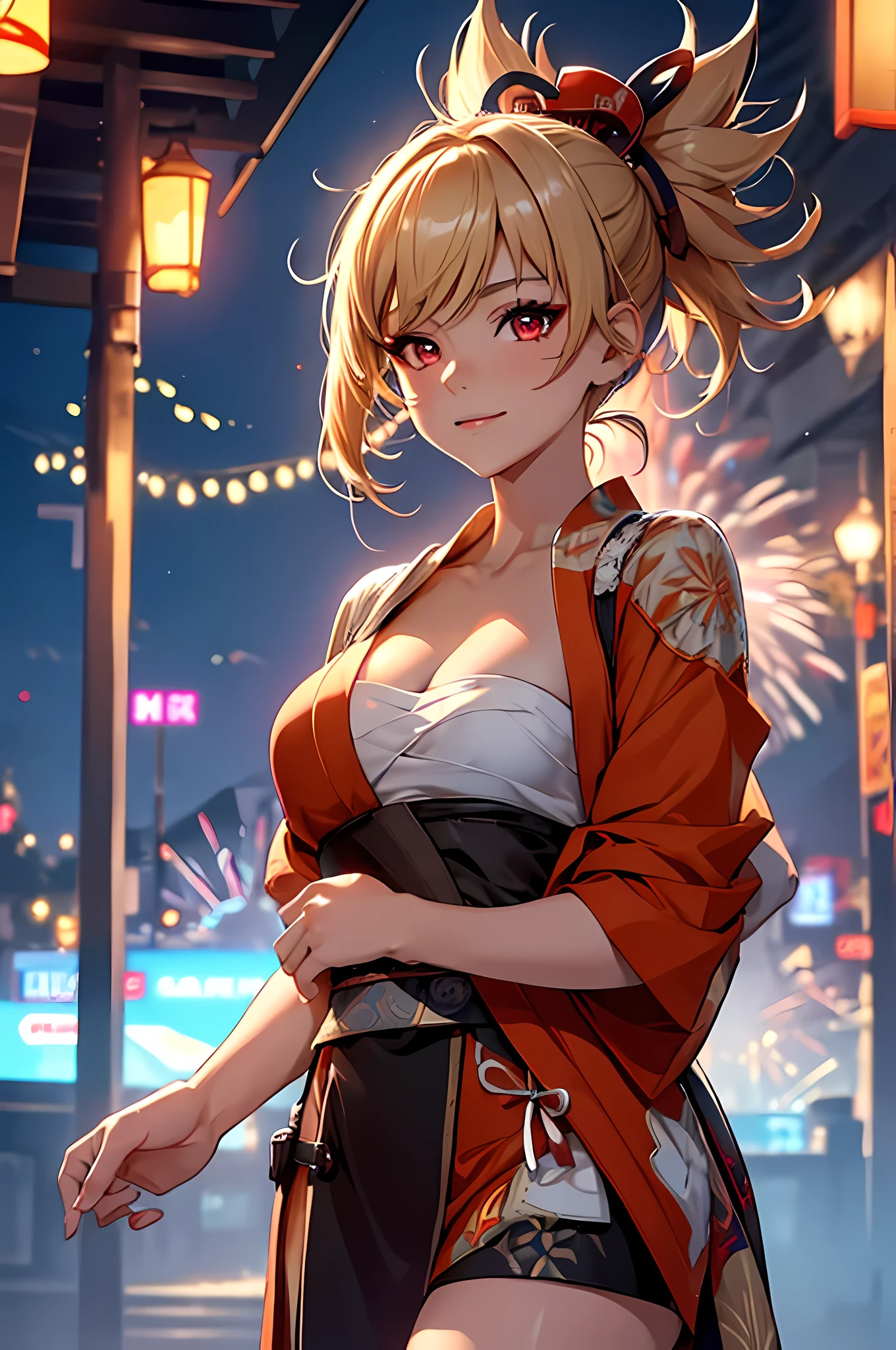 16K, RTX, HDR, extremely high details, intricate, professional makeup, cowboy shot, best quality, masterpiece, fireworks scenery, 1woman, solo, happy, cheerful, cute, clear red glowing eyes, short blonde ponytail hair, sexy kimono, smooth skin, small cleavage, ((extremely slutty)).