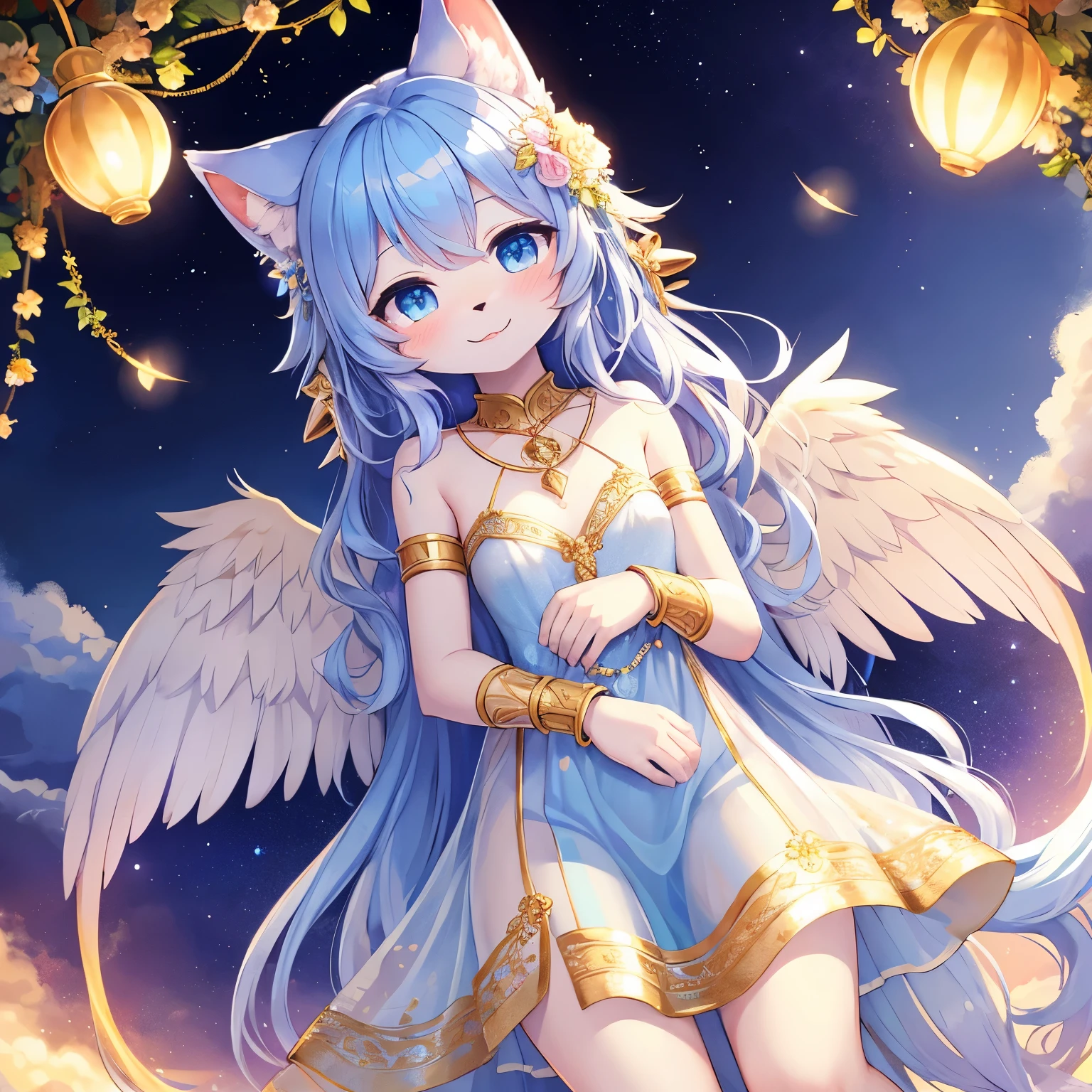 best quality,best resolution,(fluffy anthro furry :1.3),cat girl,small breasts,blue long hair,wavy hair,sparkle eyes,white fur,light blue dress,transparent dress,see through,gold bracelets,gold body accessories ornaments,floral hair ornaments,gold body ornaments,floating in the air,shiny white angle wings on back,panoramic view,purple sky,night sky,blue clouds background,sparkle huge blue crescent moon on back,moonlight,light and shadow,looking at viewer,full face blush,happy face,smile