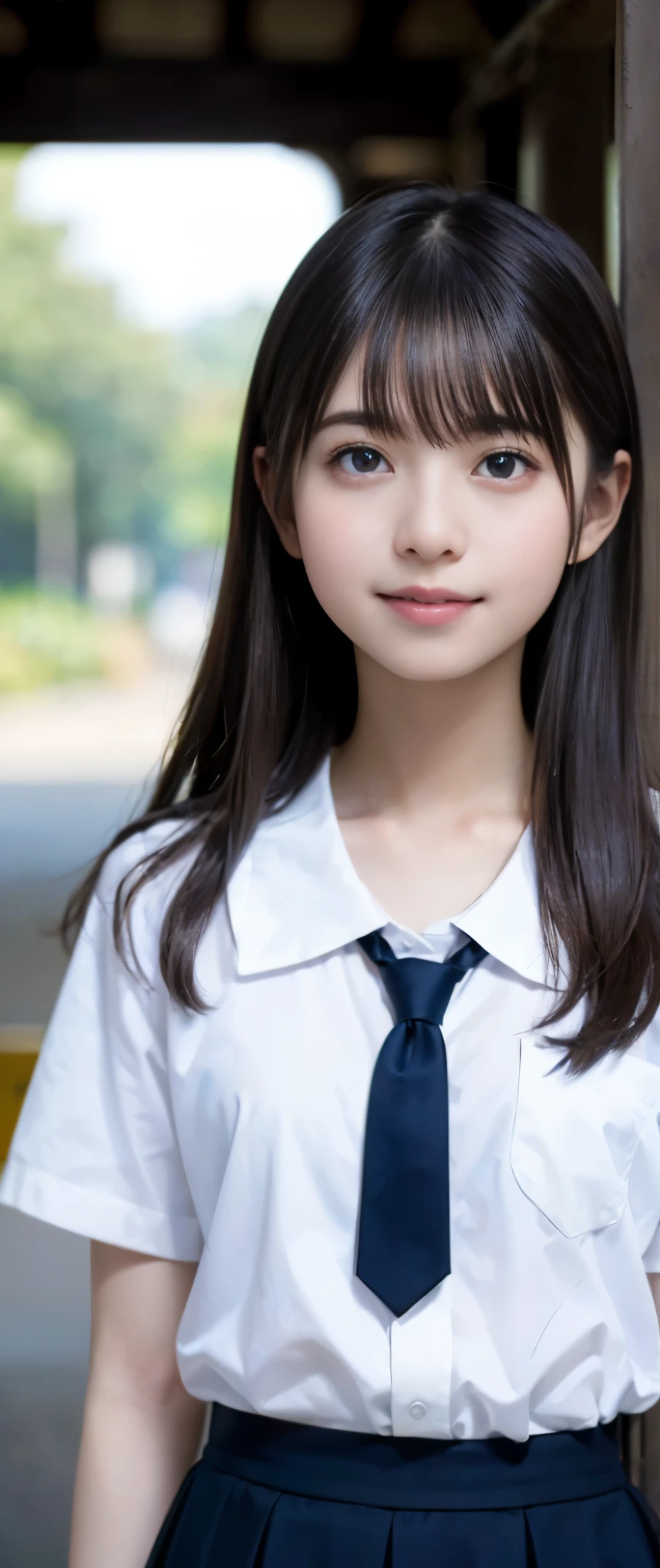 (masterpiece, highest quality:1.2), 8K, 12才のfull nudeの女の子, 85mm,Official AR RAW photo, スーパースリムなスレンダーbeautiful girl, (When I lift up my short navy blue skirt、下Half bodyfull nude、short sleeveの白シャツ、show me your ears、naked girl photo shoot、full nude, cute face, close, Half body, biolace, gardenia, beautiful girl, , thighs, short sleeve, Tied to the station platform with a rope, looking at the viewer, no makeup, (big smile), film grain, chromatic aberration, sharp focus, face light, clear lighting, Ten generations, detailed face, background bokeh, (dark red tie:1.1)、(((((( girl))))))、((((((12才のfull nude女子高生)))))、thin waist、shy pose、shy and nervous girl