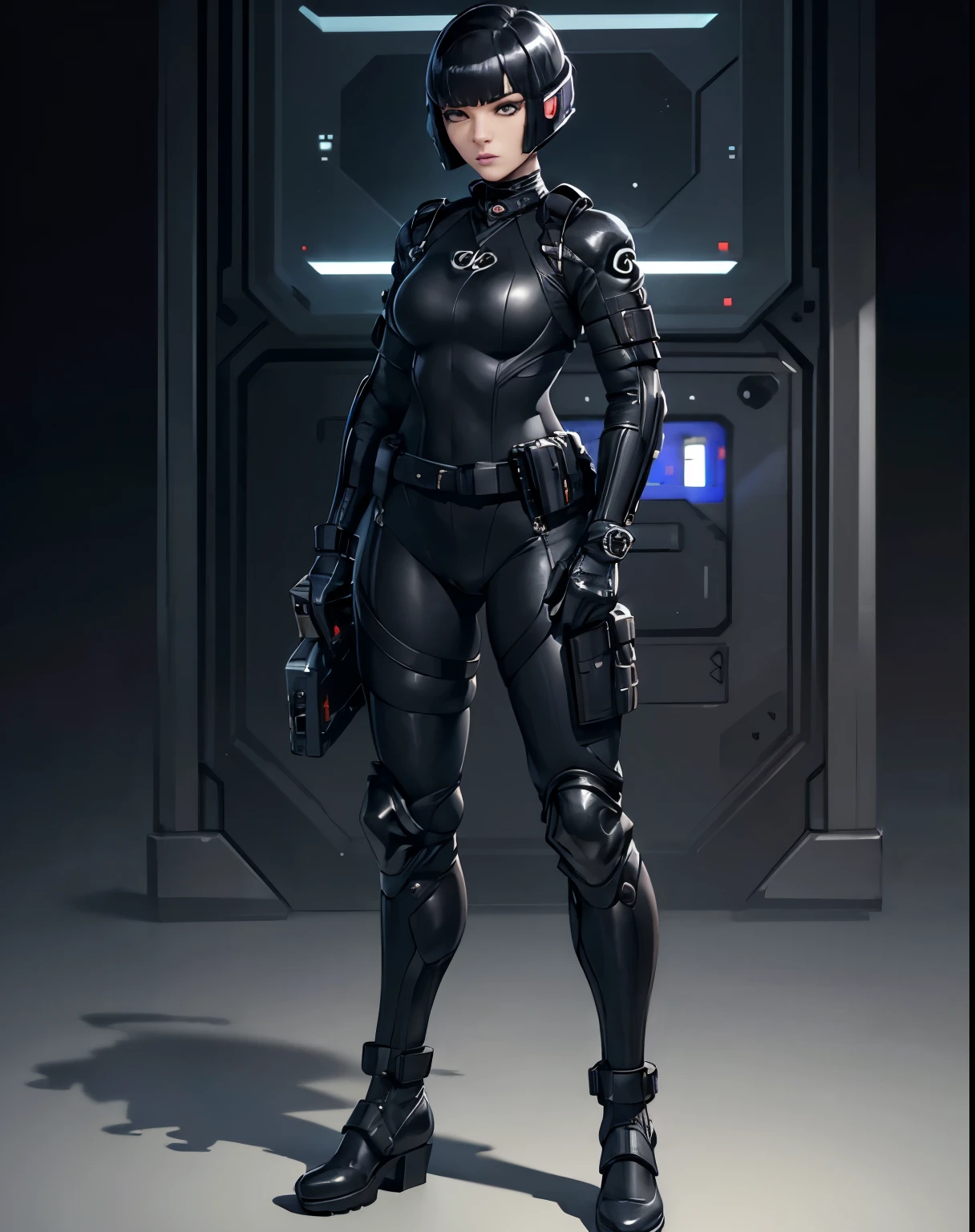a beautiful woman with ((( chanel short hair cut))) ,(((wear cyber suit black and gray details colors))) ,determined gaze and concentated,Clad in sleek tactical gear militar like a swimming suit cyber clothes , she sports a form-fitting black and gray cyber bodysuit, adorned with utility belts and holsters