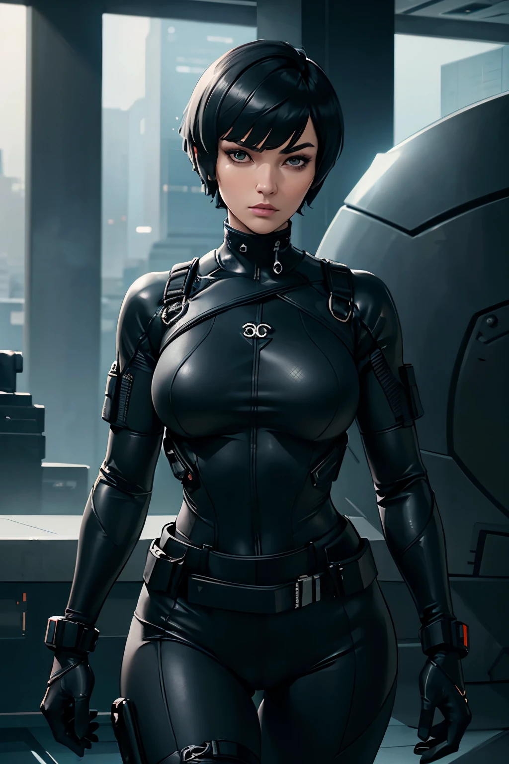 a beautiful woman with chanel short hair cut ,wear cyber suit black and gray details ,determined gaze and concentated,Clad in sleek tactical gear militar like a swimming suit cyber clothes , she sports a form-fitting black and gray cyber bodysuit, adorned with utility belts and holsters