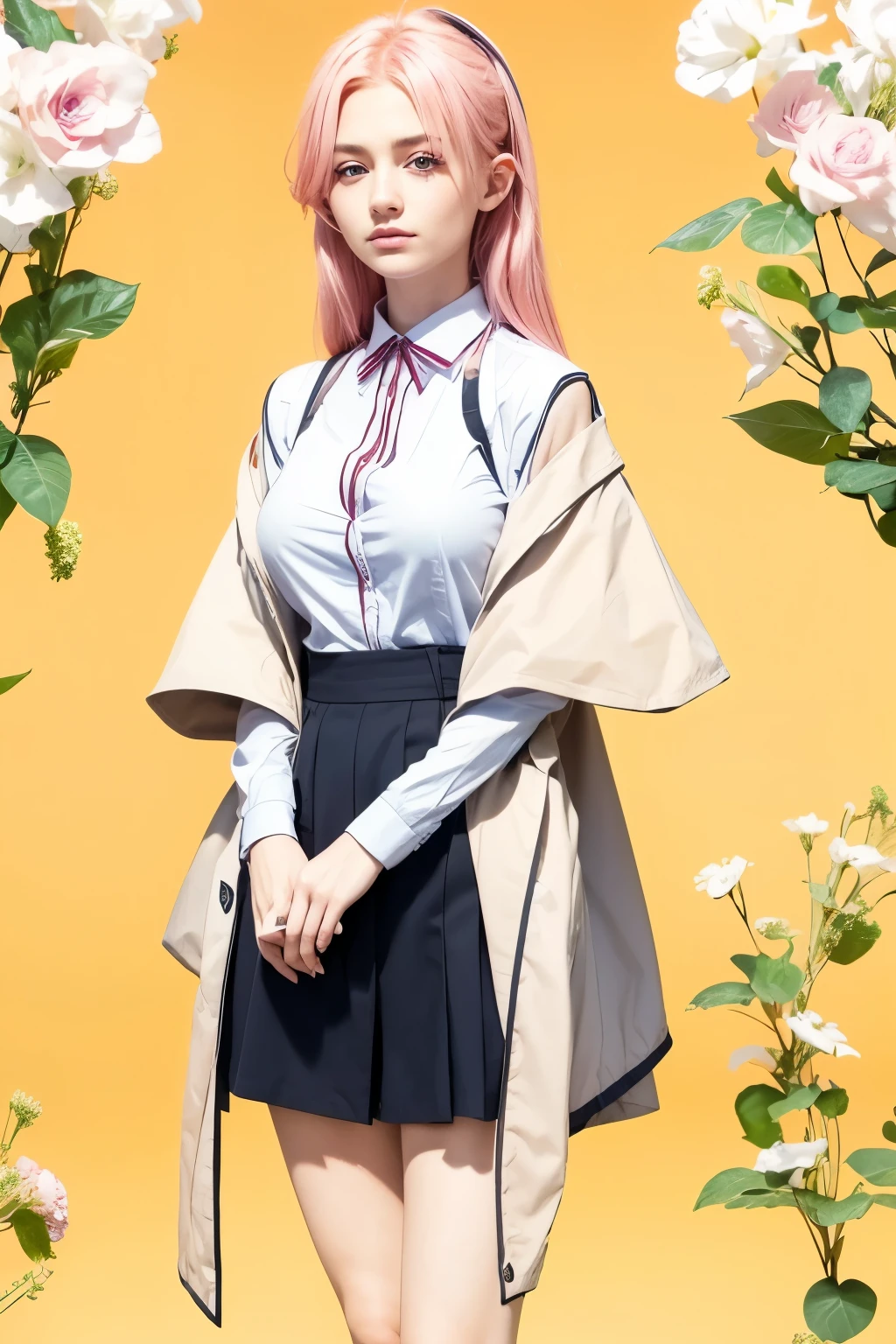 20 year old Woman, uniform ,pink hair, red eye, ((ultra realistic photo, hyperealistic, photorealistic ))