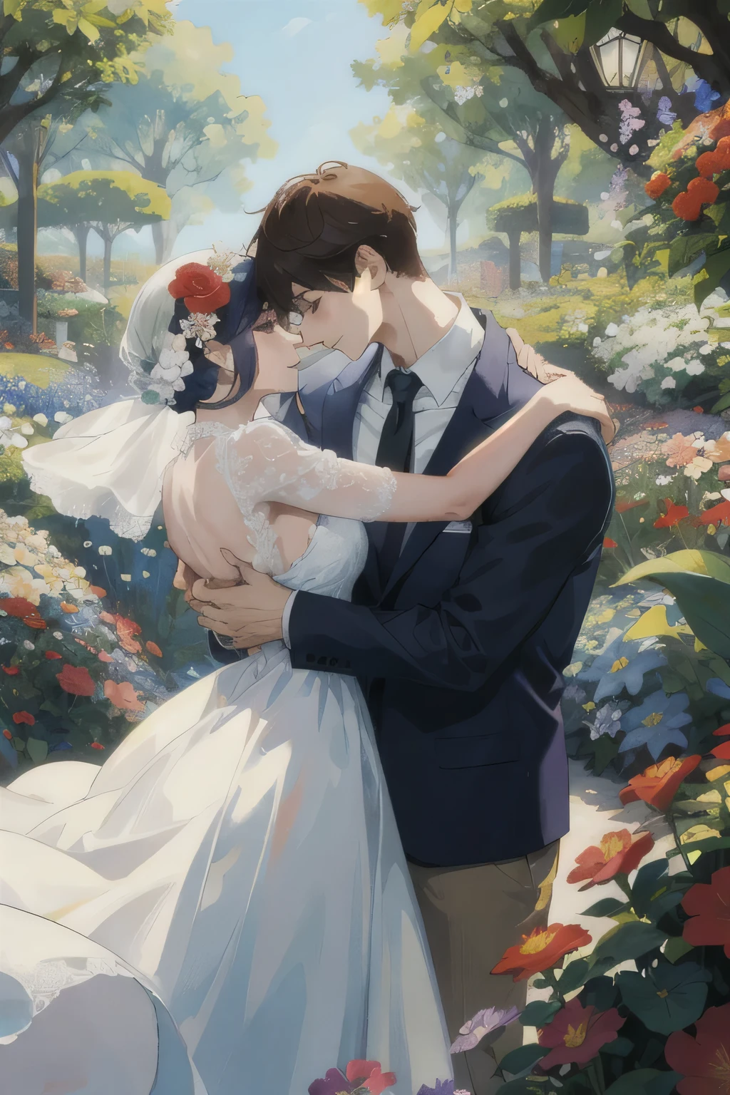 Masterpiece, girl and boy, among flowers, in the garden, shyness, red cheeks, cute, embarrassment, holding hands, roses, daisies, peonies, lupines, white sundress, hat, open shirt, sporty, beautiful, love, flower, hand covers face from being, Pre-Raphaelite, Rubric Maxim