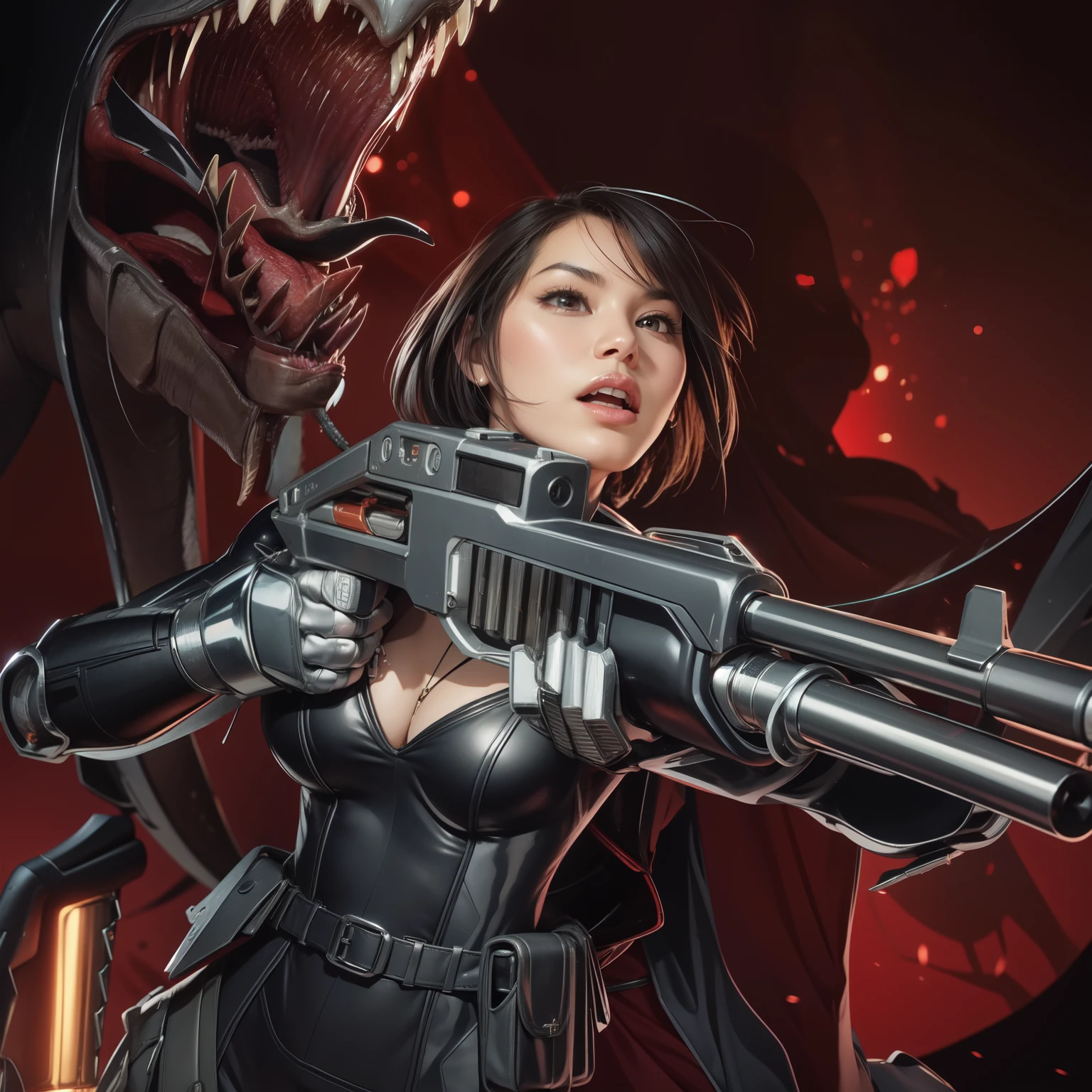 imagem detalhada de uma linda mulher segurando uma arma com um velociraptor ao fundo com a boca aberta,dramatico background em vermelho