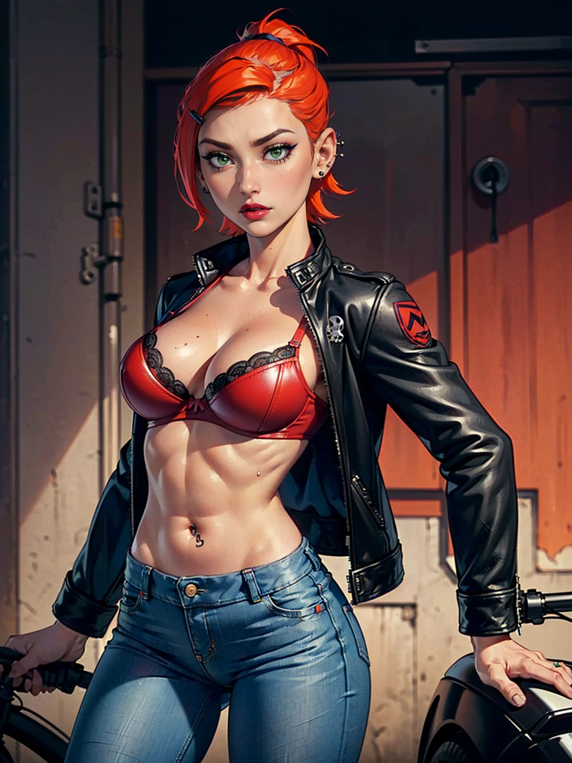 (((1girl, 1woman, alone, solo))), ((gwendolyn_tennyson, big breasts, shaved side hair, fitness, short hair, wide hips, malicious)), ((pink lipstick, Extremely detailed, ambient soft lighting, 4k , perfect eyes, a perfect face, perfect lighting, a 1girl)) , ((fitness, muscular, shapely body, athletic body, toned body)), ((arafed woman, alpha woman, leather jacket, posing for a picture, piercings, red bra, inked, colored, sexy girl, skulls, looking hot, gorgeous women, beautiful, red hot, black jacket red panties, jeans, unbuttoned pants, garage background, motorcycle in the background, wall with tools))