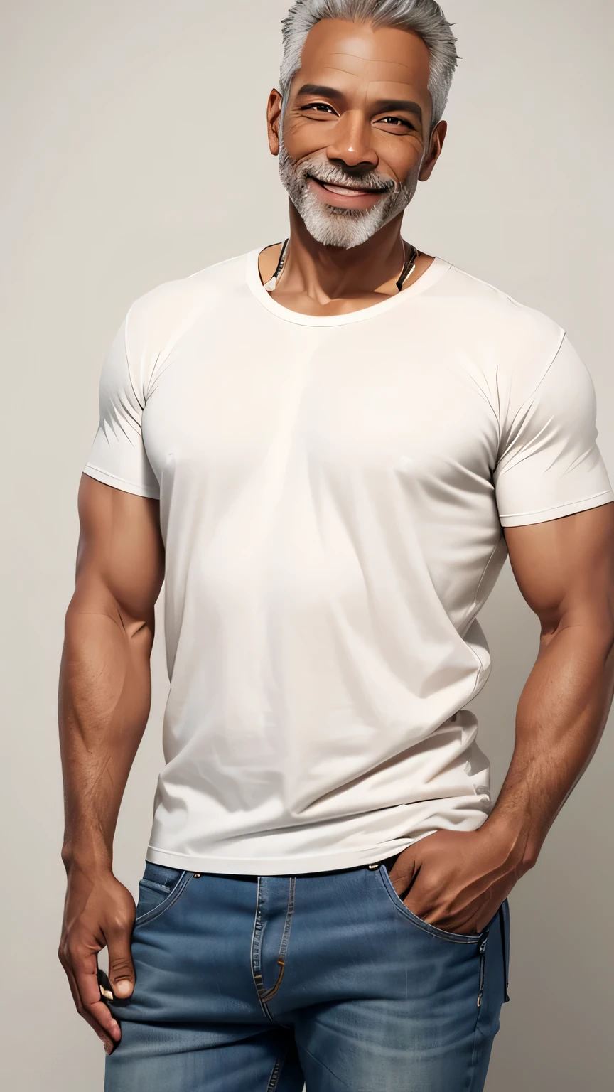 handsome man around 55 years old, happy, smiling, wearing jeans and wide cotton t-shirt on a neutral background
