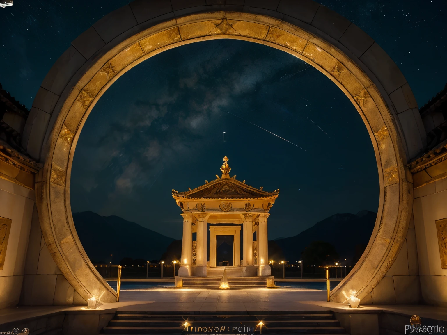 create image for watermark Draw a temple lit by a constellation of stars with the star in the center ,placa de assento estrela:translucent,planetary,fundo escuro,luz,gold and precious stonesく,lindo,obra de arte,misterioso,cores ricas,brilhantemente,star,luz
