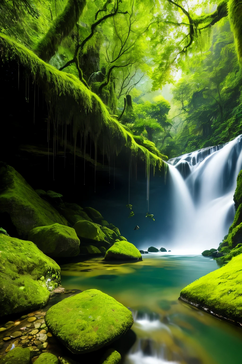 In the heart of a lush, verdant forest, a breathtaking waterfall cascades down from towering heights. The water, crystal clear and shimmering under the sunlight, forms a pristine pool at the foot of the falls, surrounded by vibrant flora and fauna. This captivating scene is rendered in 4k high quality, with every detail meticulously brought to life - from the intricate textures of the moss-covered rocks to the dazzling reflections on the surface of the water. Observe the water falling gracefully from the cliff in slow motion, as the sunlight filters through the dense canopy of the forest, casting dappled shadows on the