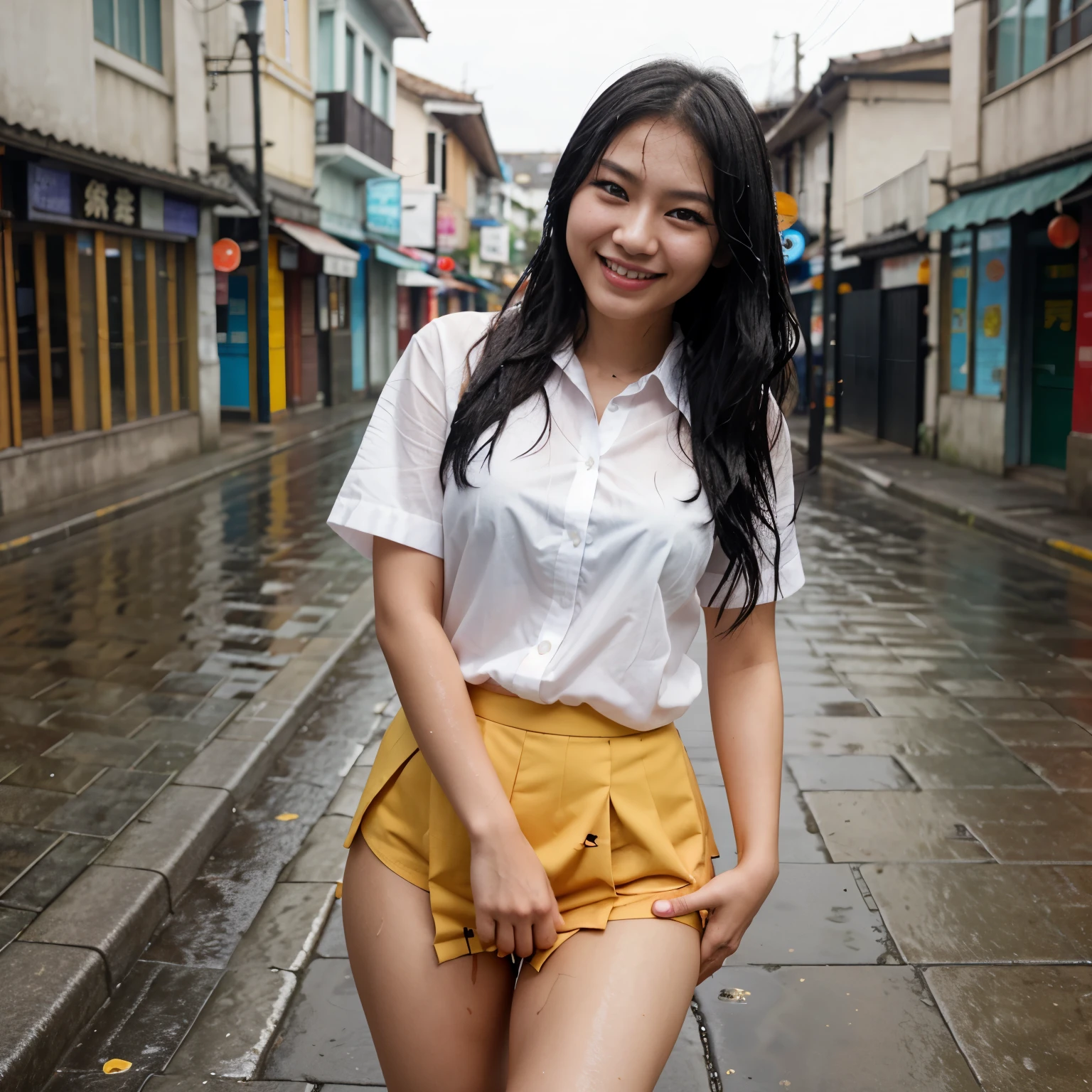 beautiful asian women Smiling, beautiful face, skirt no panties, detailed pussylips, wet pussyhole, background streets