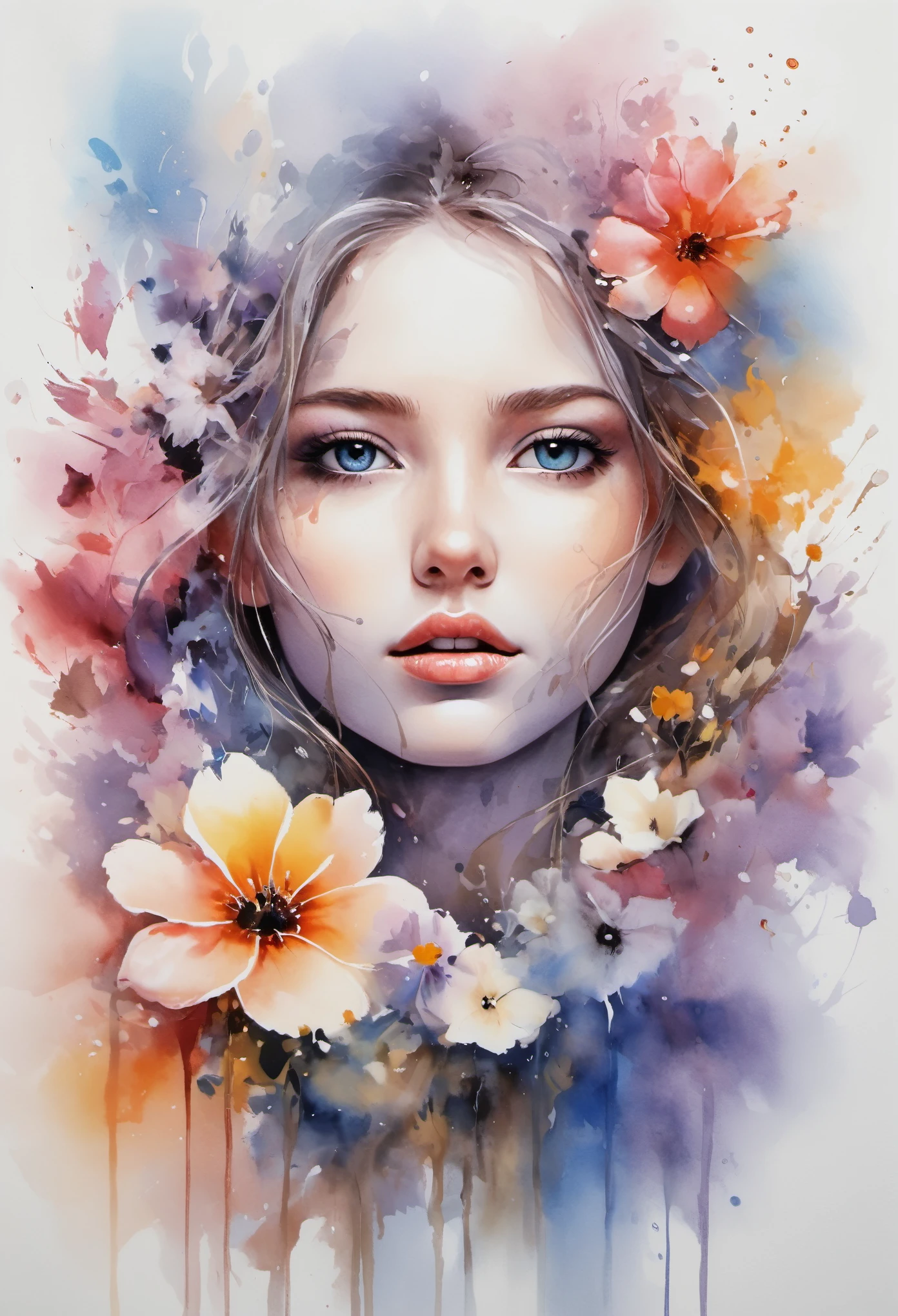 Create a memorable and artistic scene on canvas., depicting the transformation of beauty, innocent face in a mesmerizing composition of watercolor flowers, intertwined with wisps of ethereal mist.. Start with a serene face in the center of the canvas., with delicate features, radiating innocence and charm. Gradually transform facial contours and features into a captivating blend of fluid watercolor strokes., carefully shaping an array of vibrant flowers with intricate petal detail. Give your canvas a fabulous quality, as floral elements smoothly merge with wisps of fog or smoke., creating a surreal and enchanting atmosphere. Use canvas as a medium, to capture artistic transformation., portraying the Beauty of the evolving composition as the innocent face gracefully dissolves into a harmonious tapestry of watercolor blooms and mystical mist. Use canvas texture and artistic elements, to enhance the charm of this memorable metamorphosis., evoking emotions of surprise, Beauty, and artistic expression