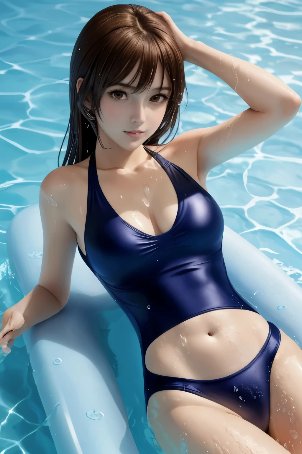 a Woman in swimsuit lying on her back, Brown hair grabs your chest with one hand, seductive anime girl, wallpaper anime blue water, realistic swimsuit, wet swimsuit, splash art anime , swimsuit, Beautiful charming anime teen, beautiful attractive anime woman, [ 4K digital art ]!!, Sex, on the surface of the pool, blue swimsuit, high definition anime art, open your legs wide,