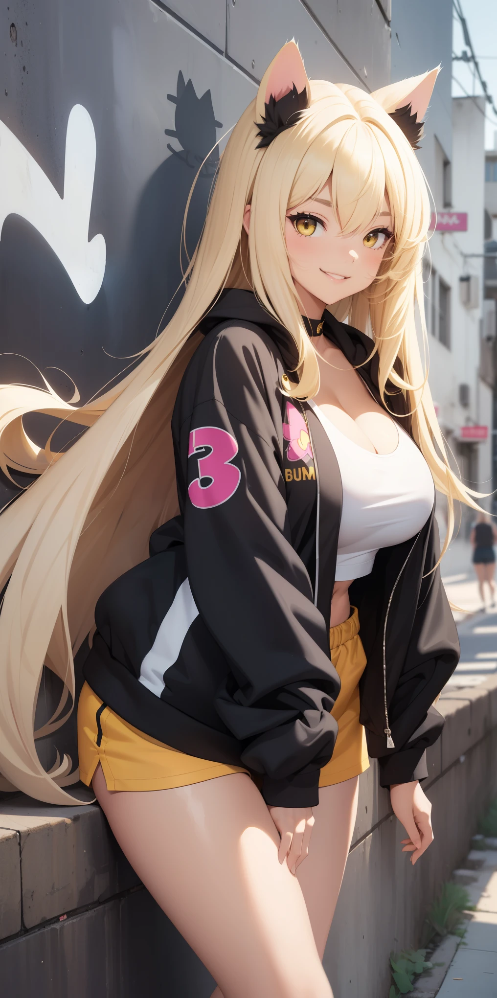 ((1 cat girl)), big and voluminous breasts ((blond hair with bangs)) ((long straight hair)) cute hip hop clothes top open jacket shorts nice fabric, extremely sexy body, perfect lips, cheeky smile, graffiti , WALL, leaning against the wall, seductive, sexy pose