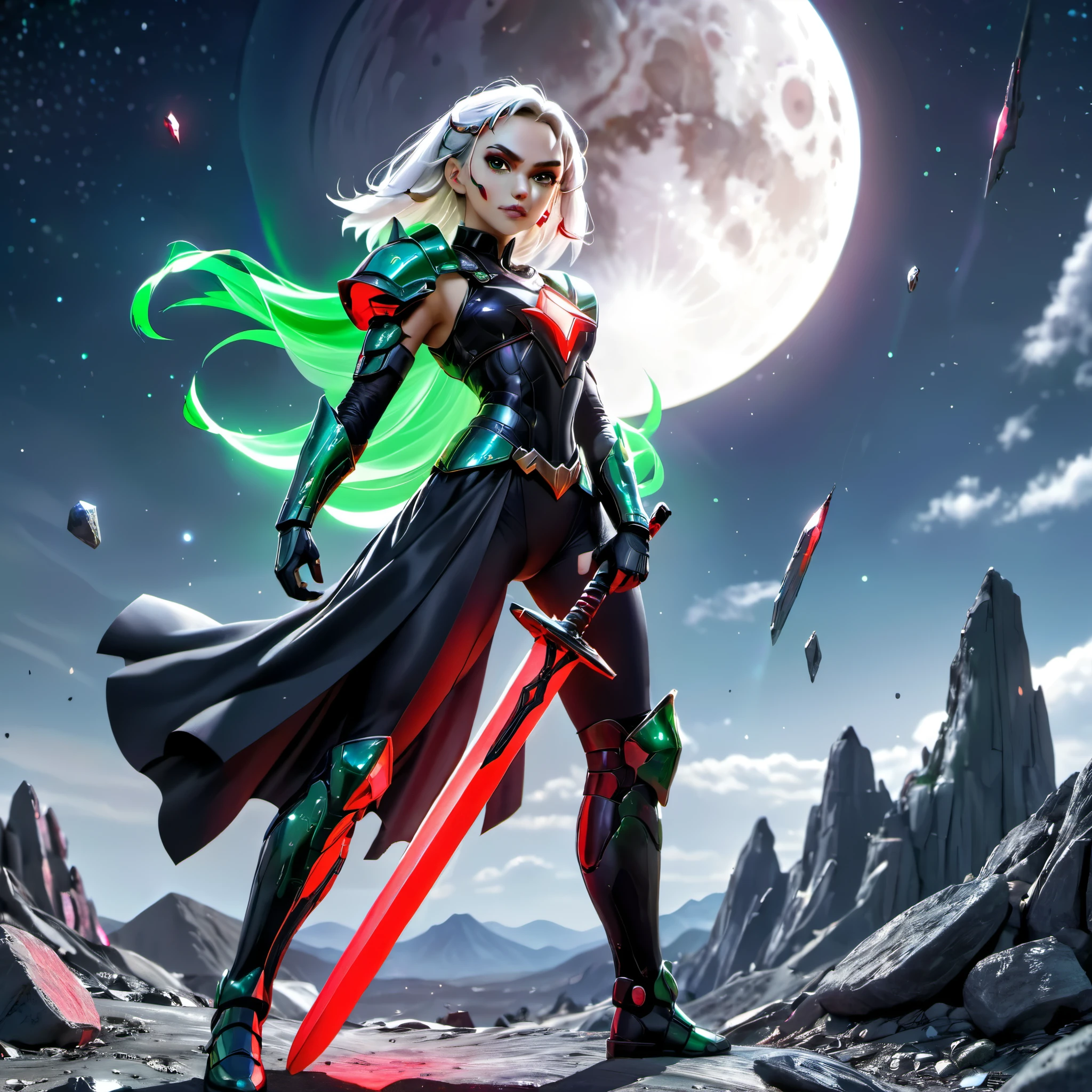 (best quality,4k,8k,highres,masterpiece:1.2),ultra-detailed,(realistic,photorealistic,photo-realistic:1.37),HDR,UHD,studio lighting,ultra-fine painting,sharp focus,physically-based rendering,extreme detail description,professional,vivid colors,bokeh,Star Warriors clash in an epic battle of good vs. evil, the hero in white wields a green energy blade, monstraoso (half cyborg, dressed all in black, wields a red crystal sword), set on a moon,landscape,horror,sci-fi,moonscape,space,colorful lights