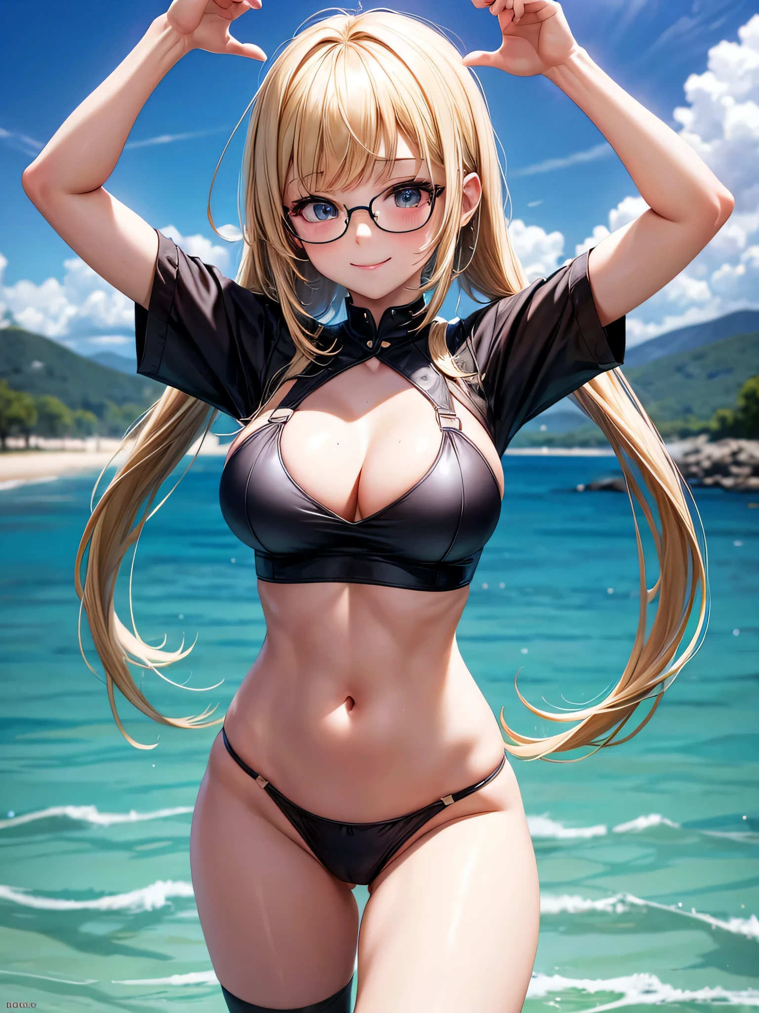 1 girl, bangs, body, girl, crop top, blonde hairstyles, cleavage, mouth, round breasts, ass facing viewer, back on screen, smiling, tight, Ultra -HD | |, 4k image, glasses, character near the camera, micro biquini 1.6 , pose tearing off her panties, Position of four, standing leaning forward, uncensored, nsfw